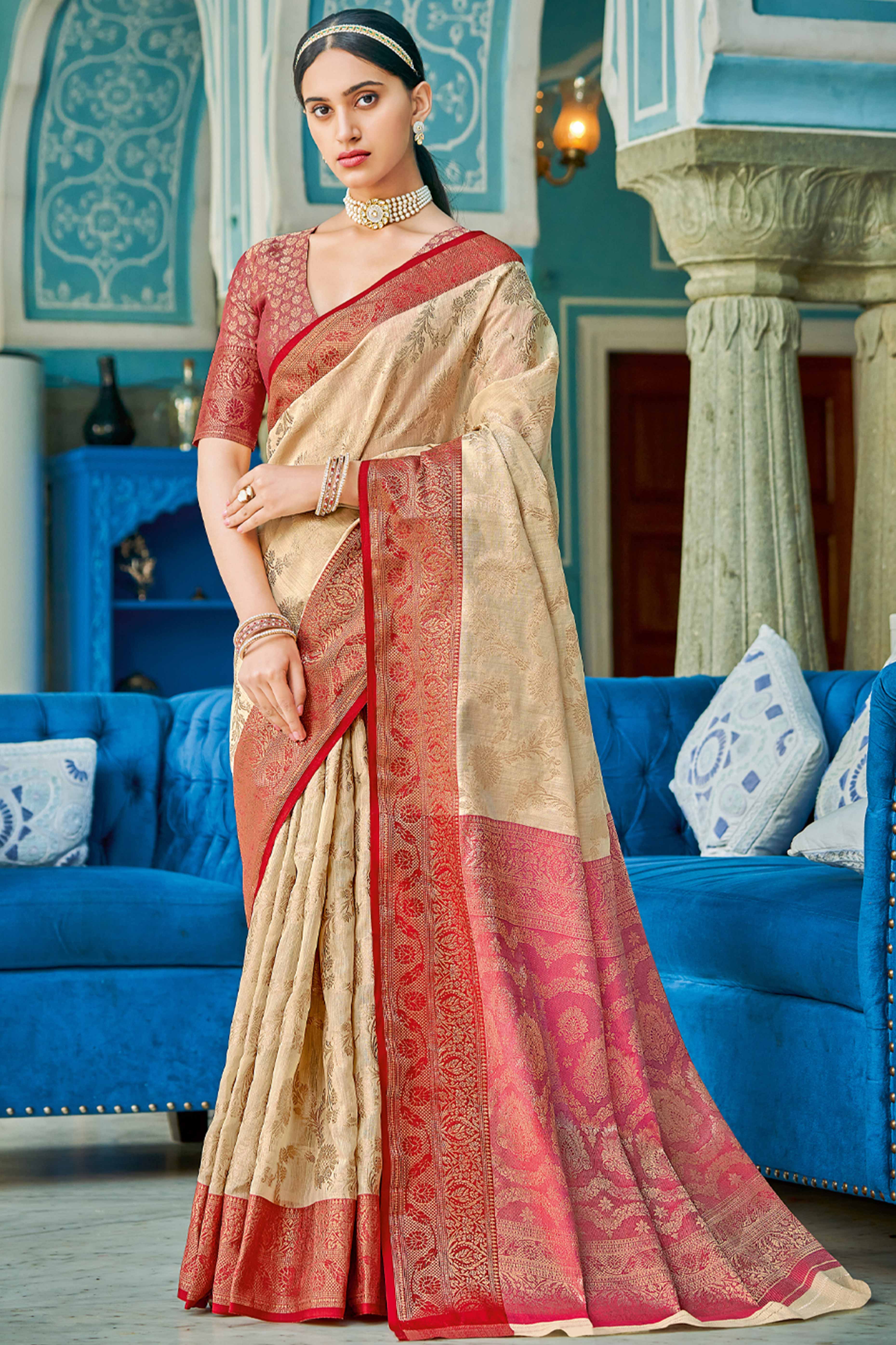 Cream Saree Featuring Exquisite Floral Zari Weaving On Linen Cotton