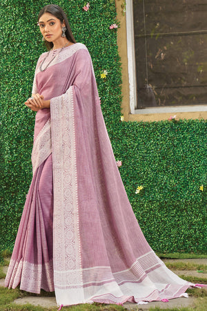 Onion Pink Lightweight Linen Saree with Decorative Zari Border Weaving
