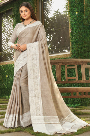 Light Brown Lightweight Linen Saree with Decorative Zari Border Weaving