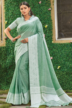 Rama Green Lightweight Linen Saree with Decorative Zari Border Weaving