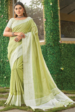 Lime Green Lightweight Linen Saree with Decorative Zari Border Weaving