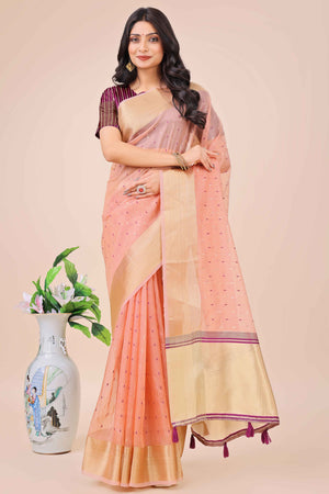 Light Pink Organza Saree Adorned With Fine Zari Weaving & Stylish Tassel Edging