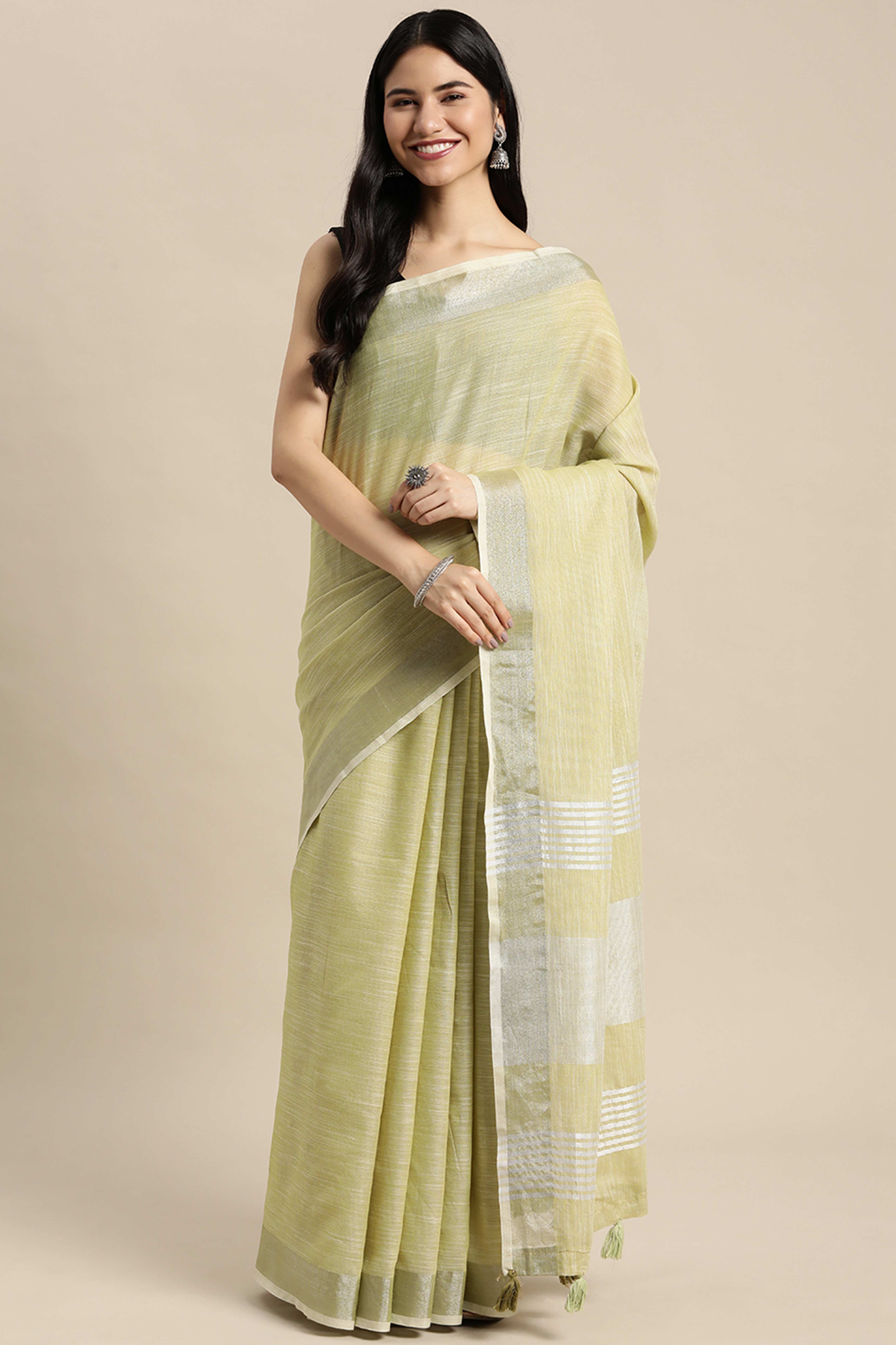 Olive Green Linen Saree Adorned With Silver Zari Weaving Border & Pallu