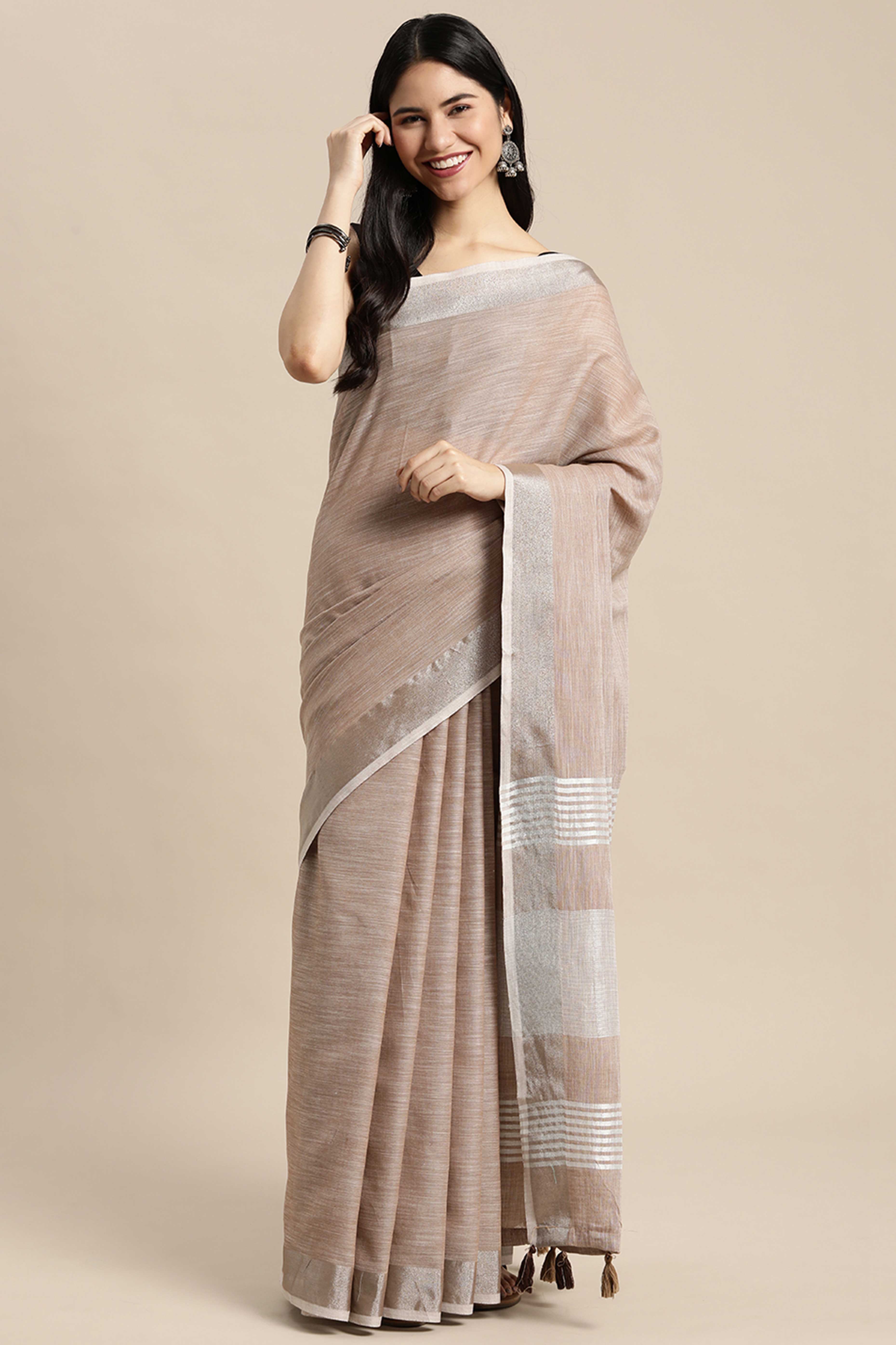 Brown Linen Saree Adorned With Silver Zari Weaving Border & Pallu