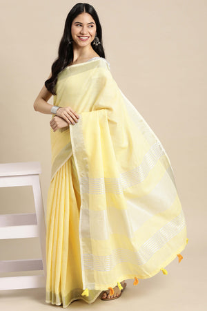 Yellow Linen Saree Adorned With Silver Zari Weaving Border & Pallu