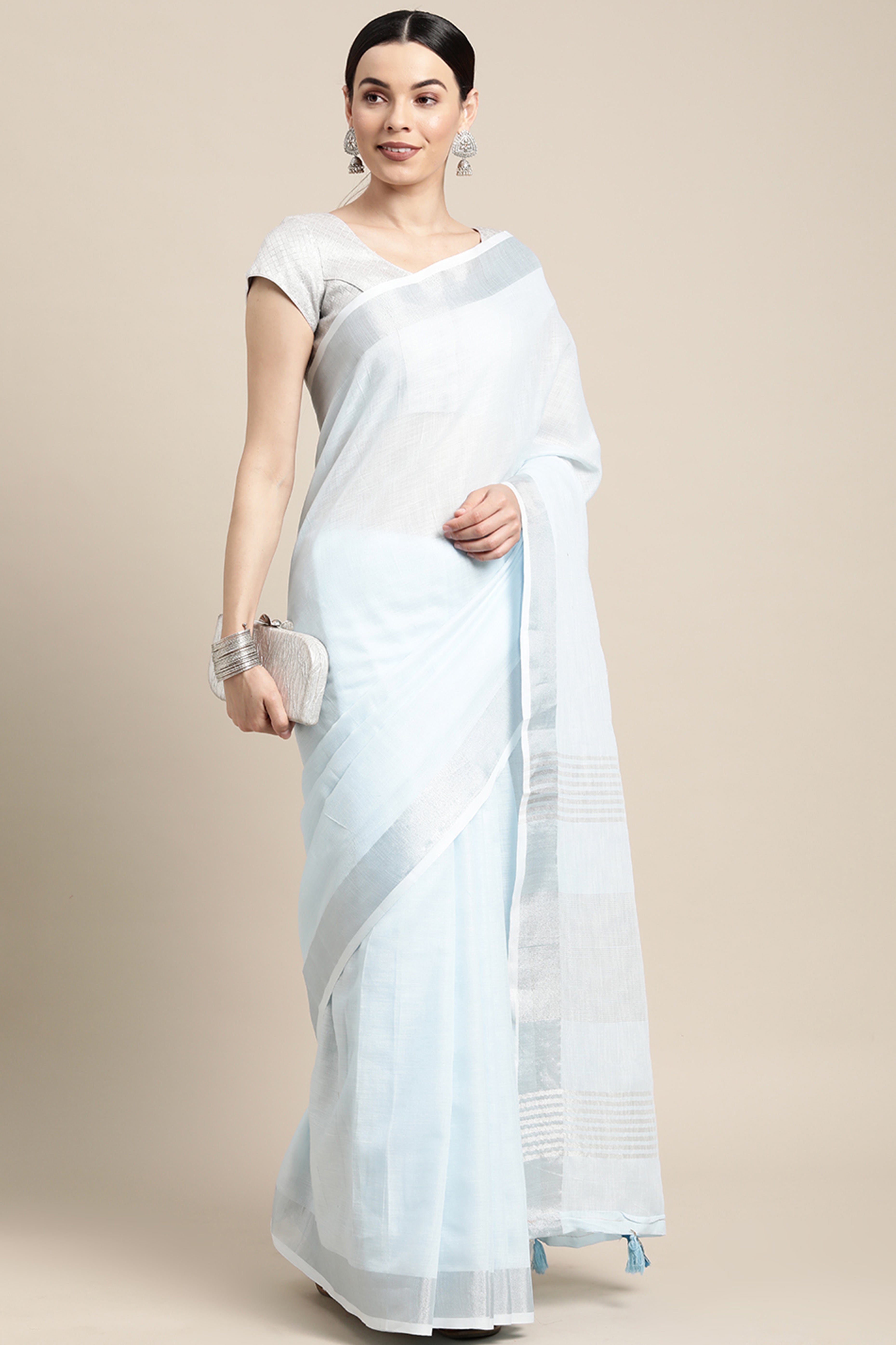 Light Sky Blue Linen Saree Adorned With Silver Zari Weaving Border & Pallu