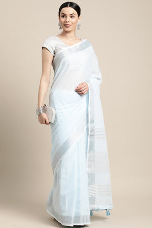 Light Sky Blue Linen Saree Adorned With Silver Zari Weaving Border & Pallu