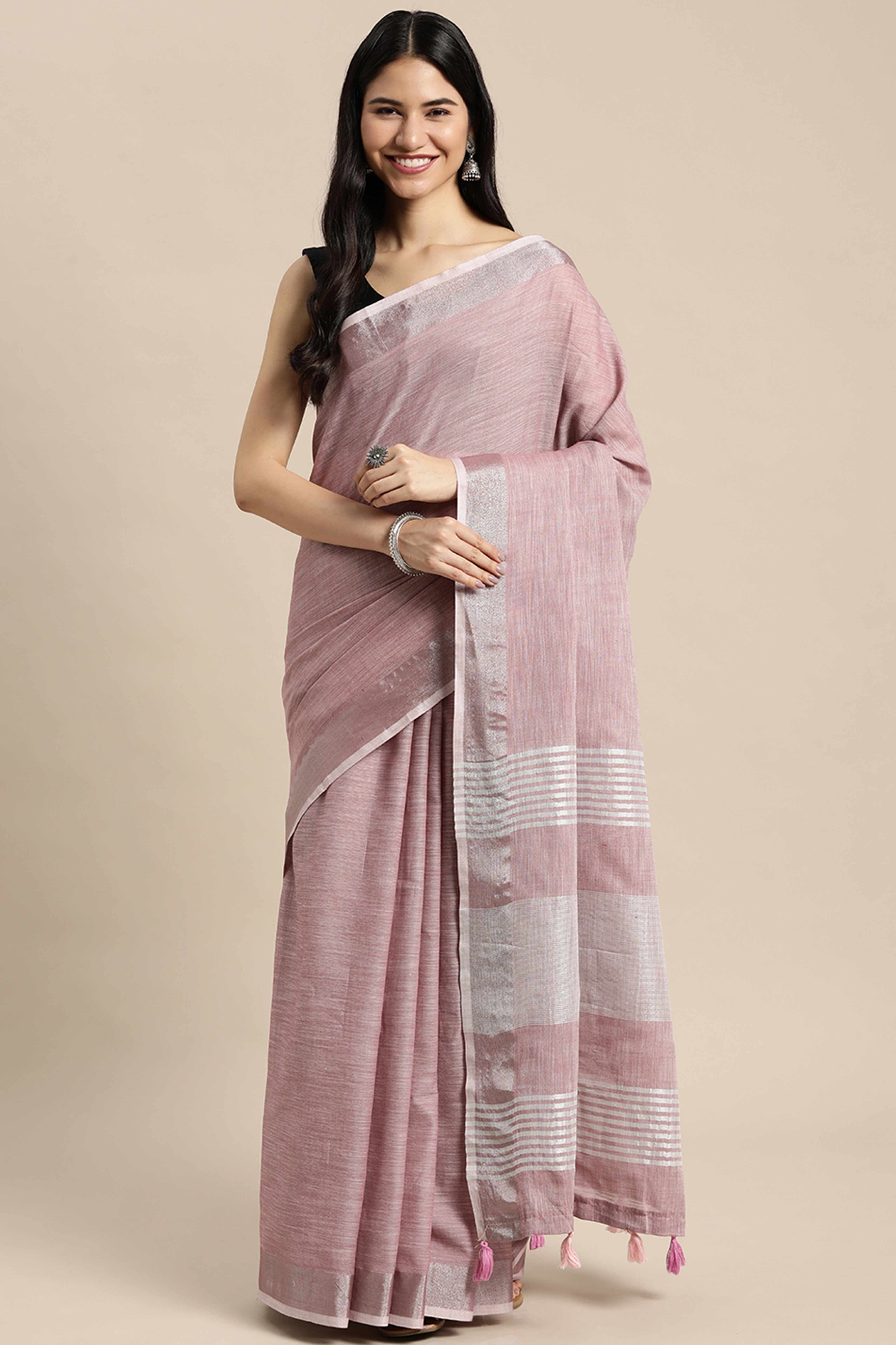 Dusty Mauve Linen Saree Adorned With Silver Zari Weaving Border & Pallu