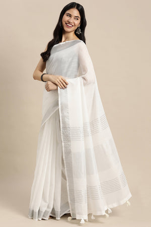 White Linen Saree Adorned With Silver Zari Weaving Border & Pallu