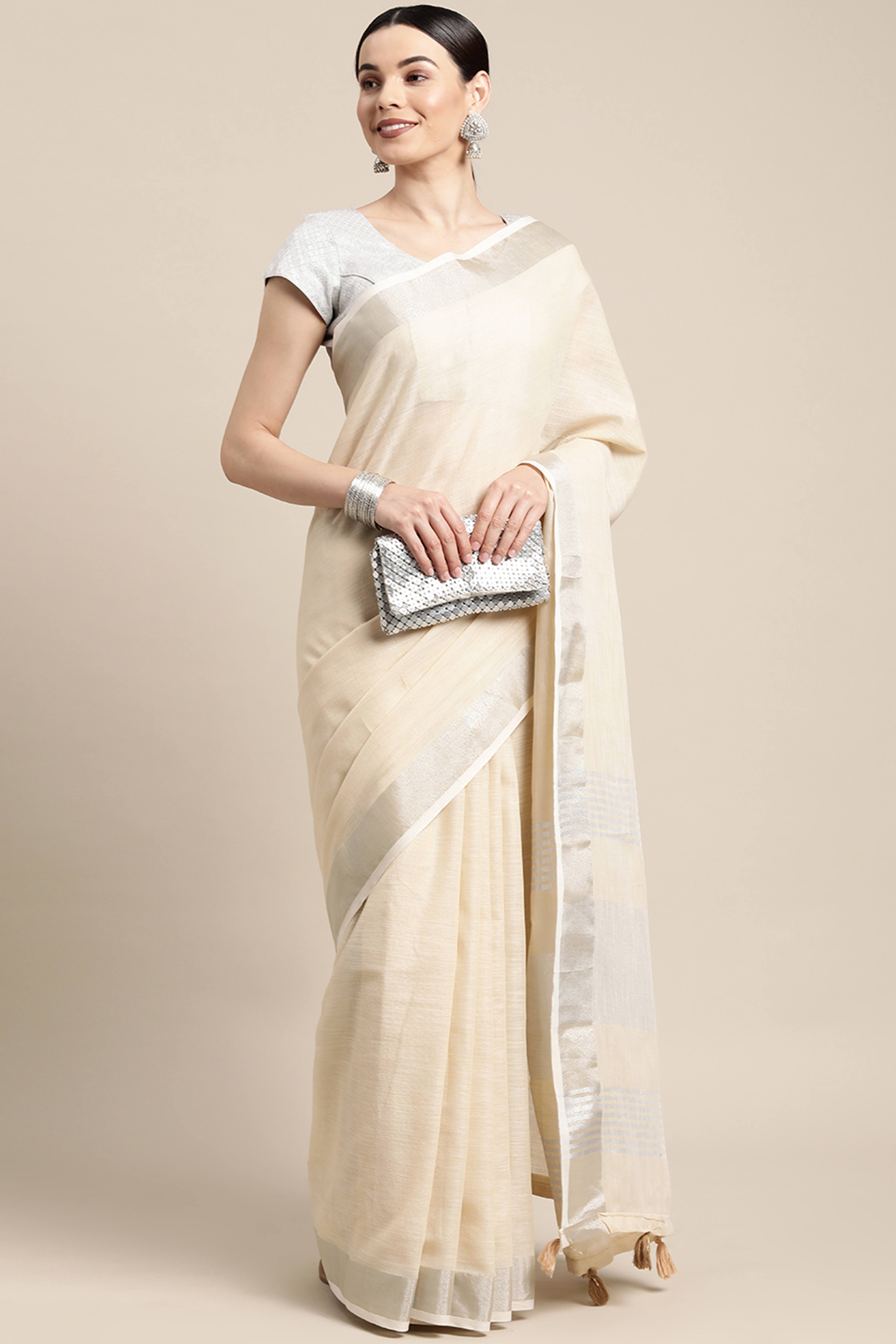 Light Beige Linen Saree Adorned With Silver Zari Weaving Border & Pallu