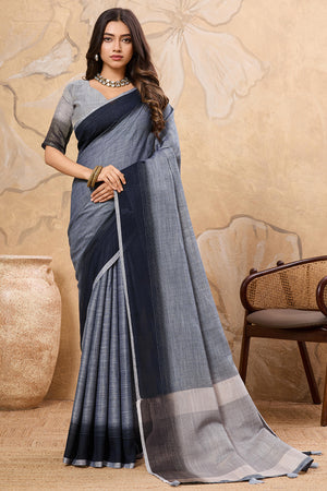 Stylish Grey Linen Saree With Zari Weaving Work & Tassel Pallu Charm