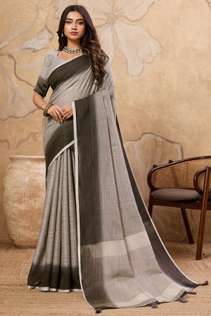 Stylish Grey Linen Saree With Zari Weaving Work & Tassel Pallu Charm