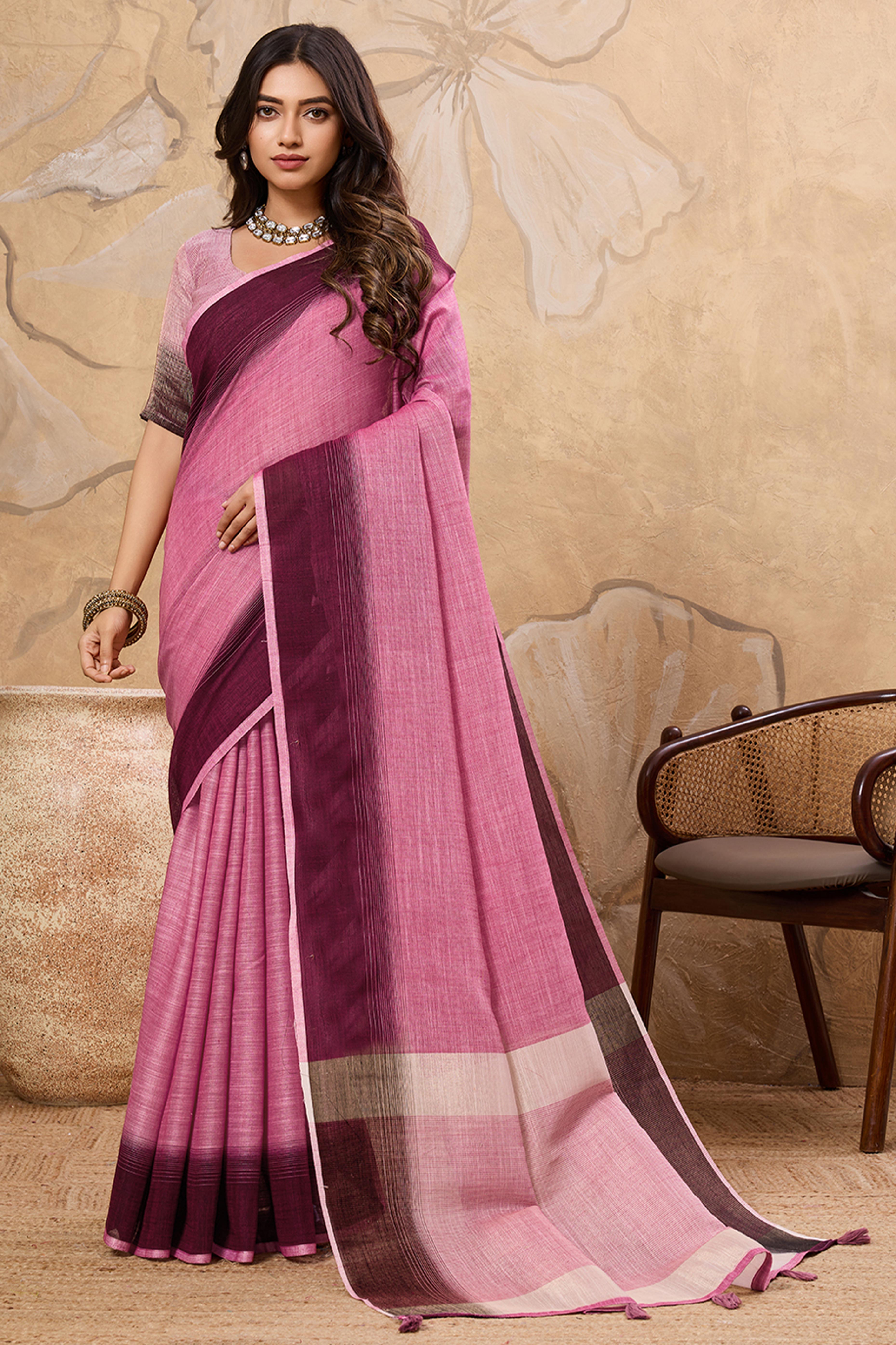Stylish Pink Linen Saree With Zari Weaving Work & Tassel Pallu Charm