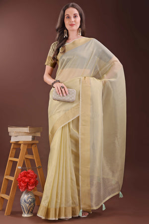 Light Yellow Zari Woven Organza Saree With Graceful Tassel Border