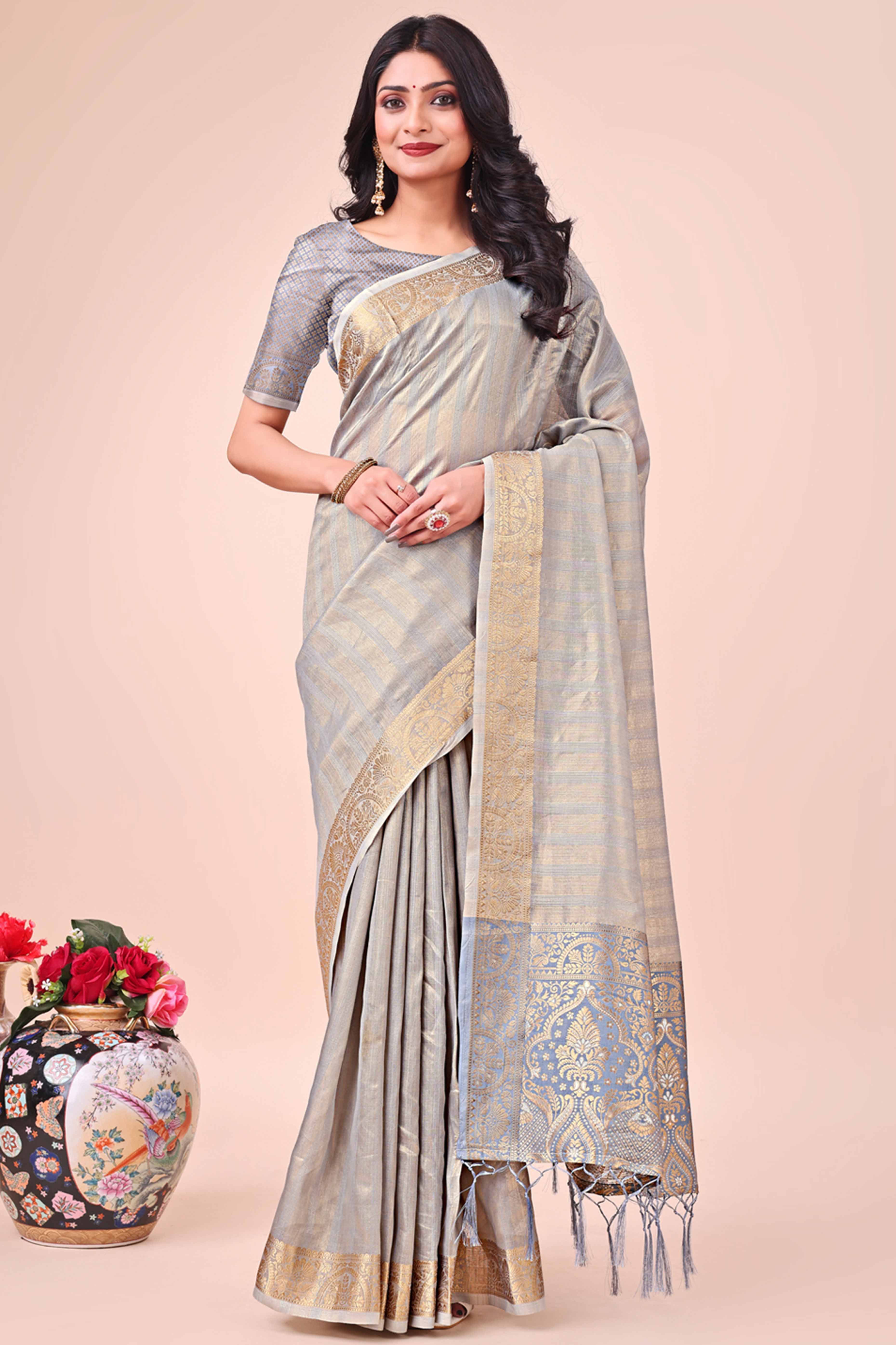 Grey Organza Saree With Floral Zari Weave & Tassel Accents