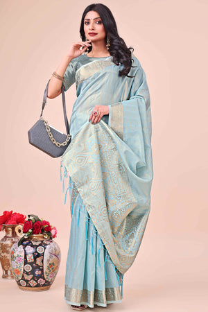 Sky Blue Organza Saree With Floral Zari Weave & Tassel Accents