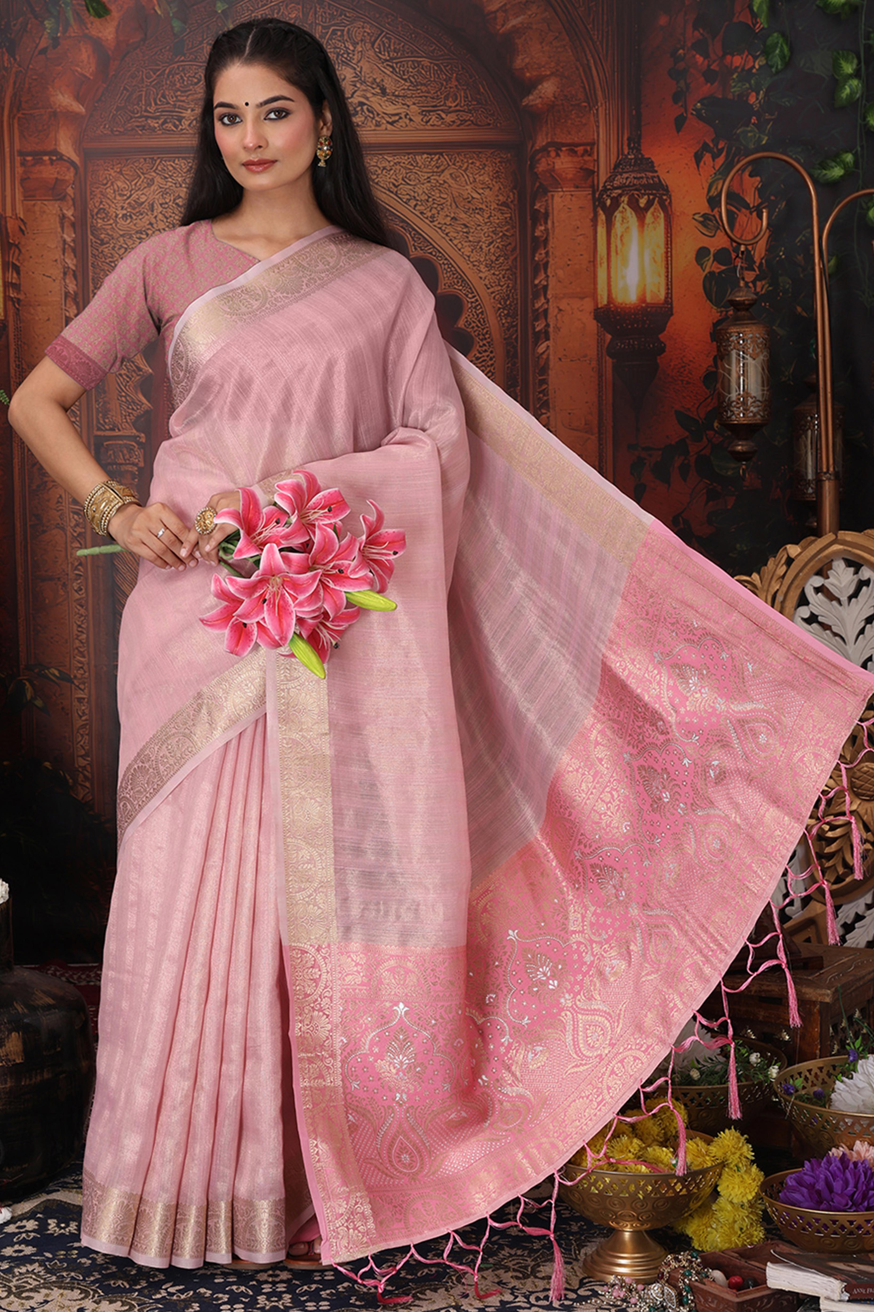 Light Pink Organza Saree Adorned With Floral Zari Weaving & Graceful Tassel Pallu