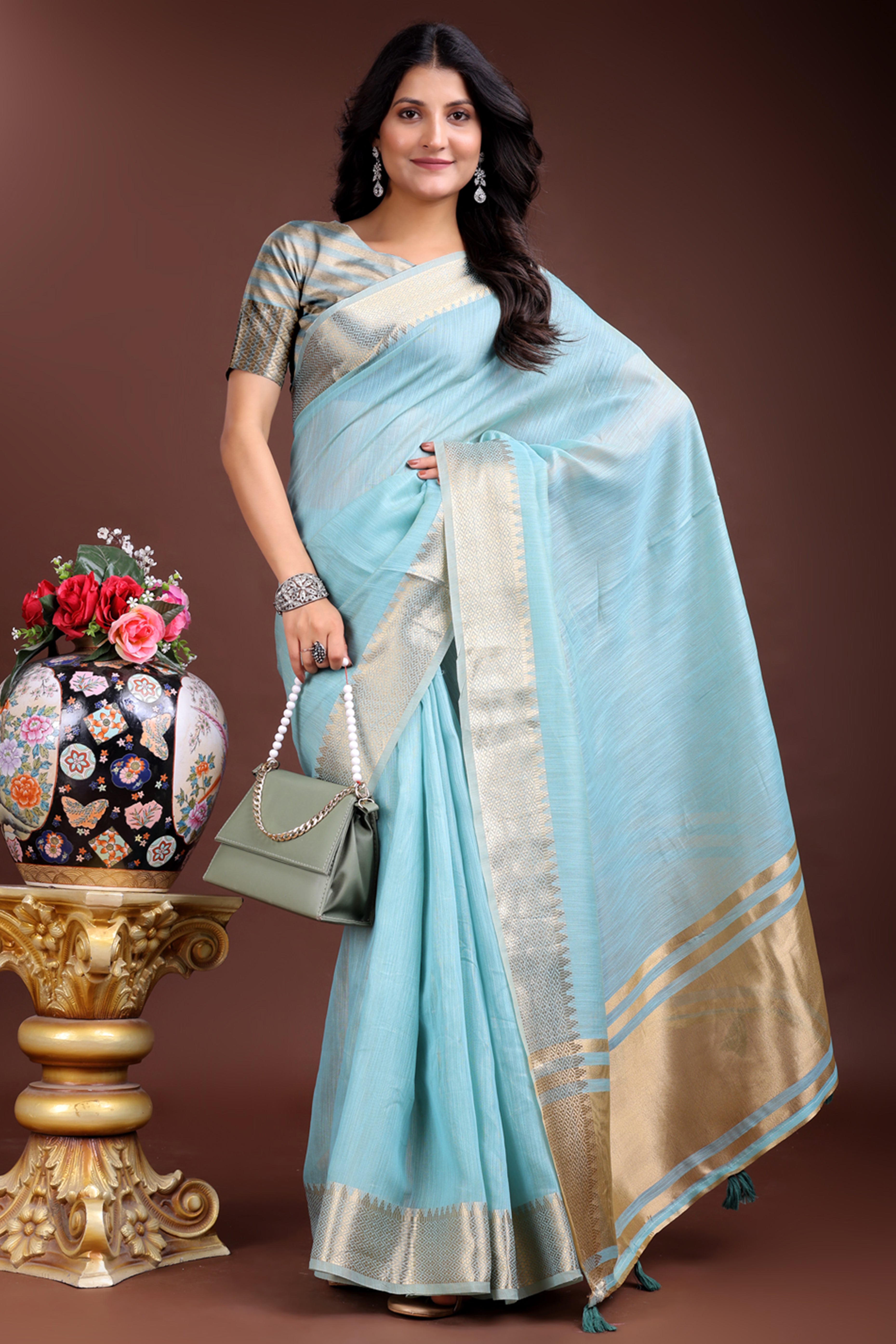 Sky Blue Cotton Silk Saree with Solid Zari Woven Trim and Tassels