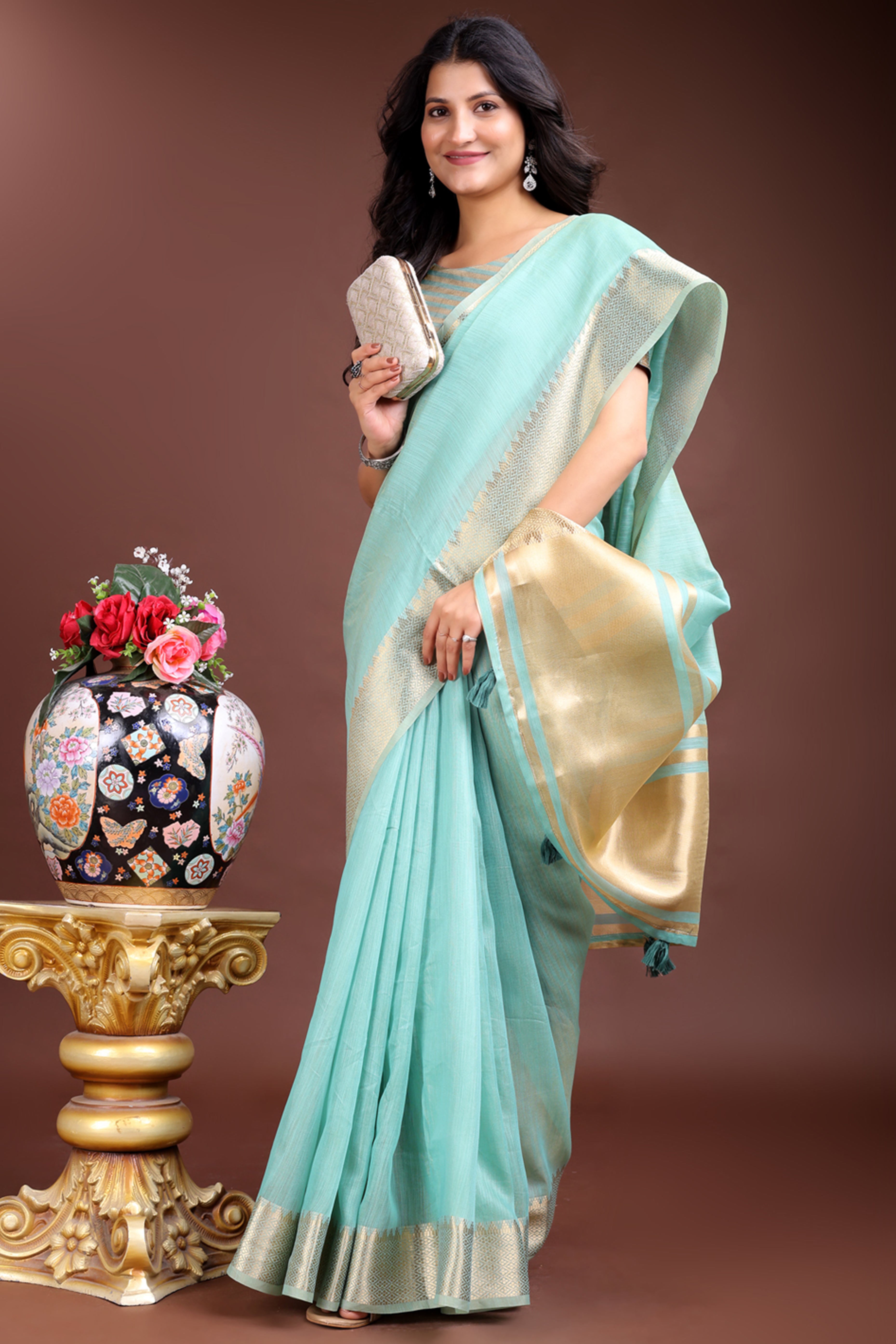 Sea Green Cotton Silk Saree with Solid Zari Woven Frame and Tassels