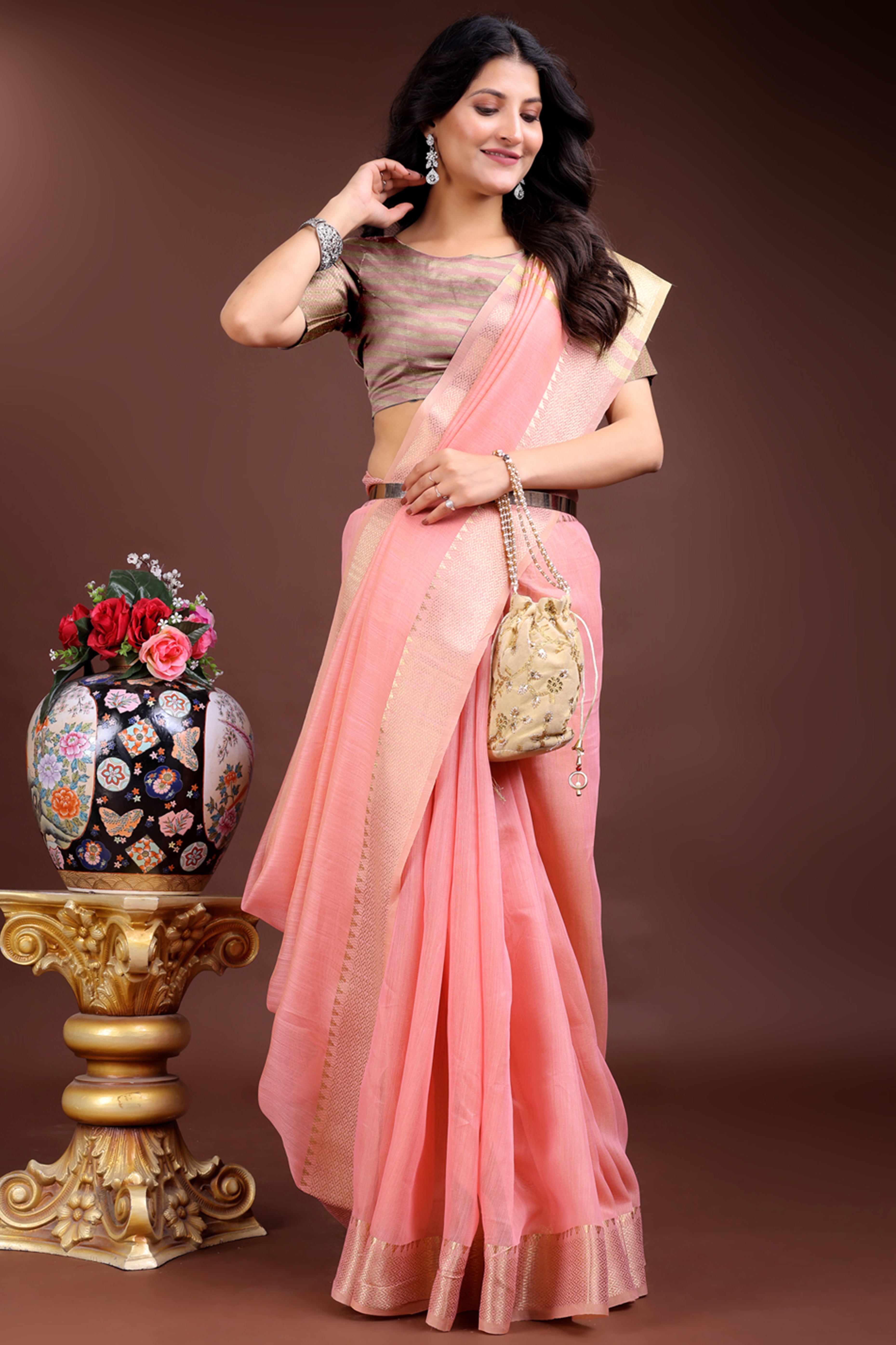Pink Cotton Silk Saree with Solid Zari Woven Accent and Tassels