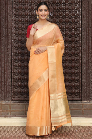 Trendy Orange Cotton Blend Saree Showcasing Elegant Zari Weaving & Tassel Border Pallu