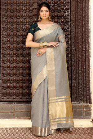 Trendy Grey Cotton Blend Saree Showcasing Elegant Zari Weaving & Tassel Border Pallu