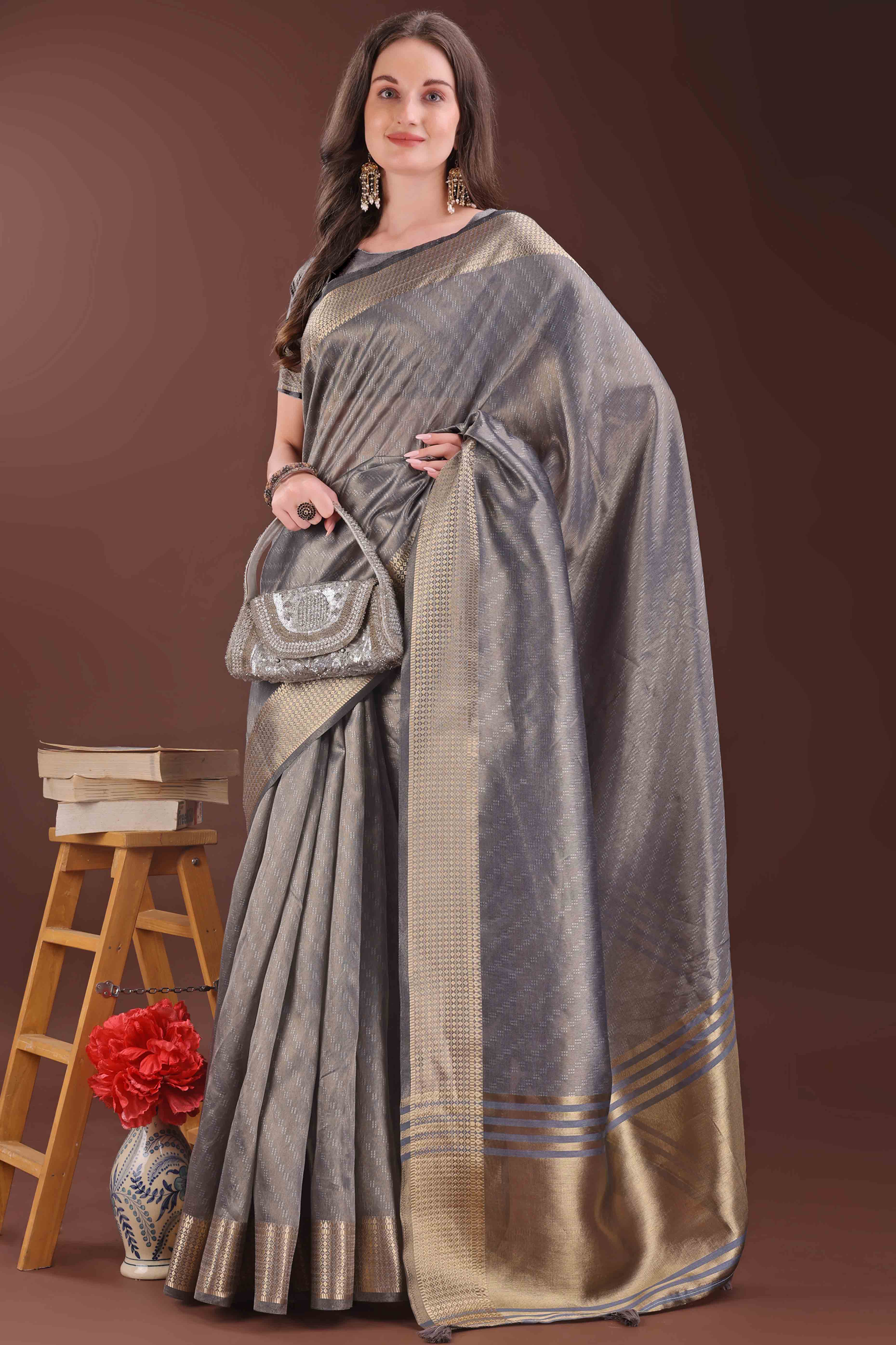 Grey Zari Weaving Organza Saree With Tassel Border