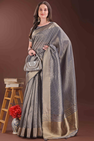 Grey Zari Weaving Organza Saree With Tassel Border