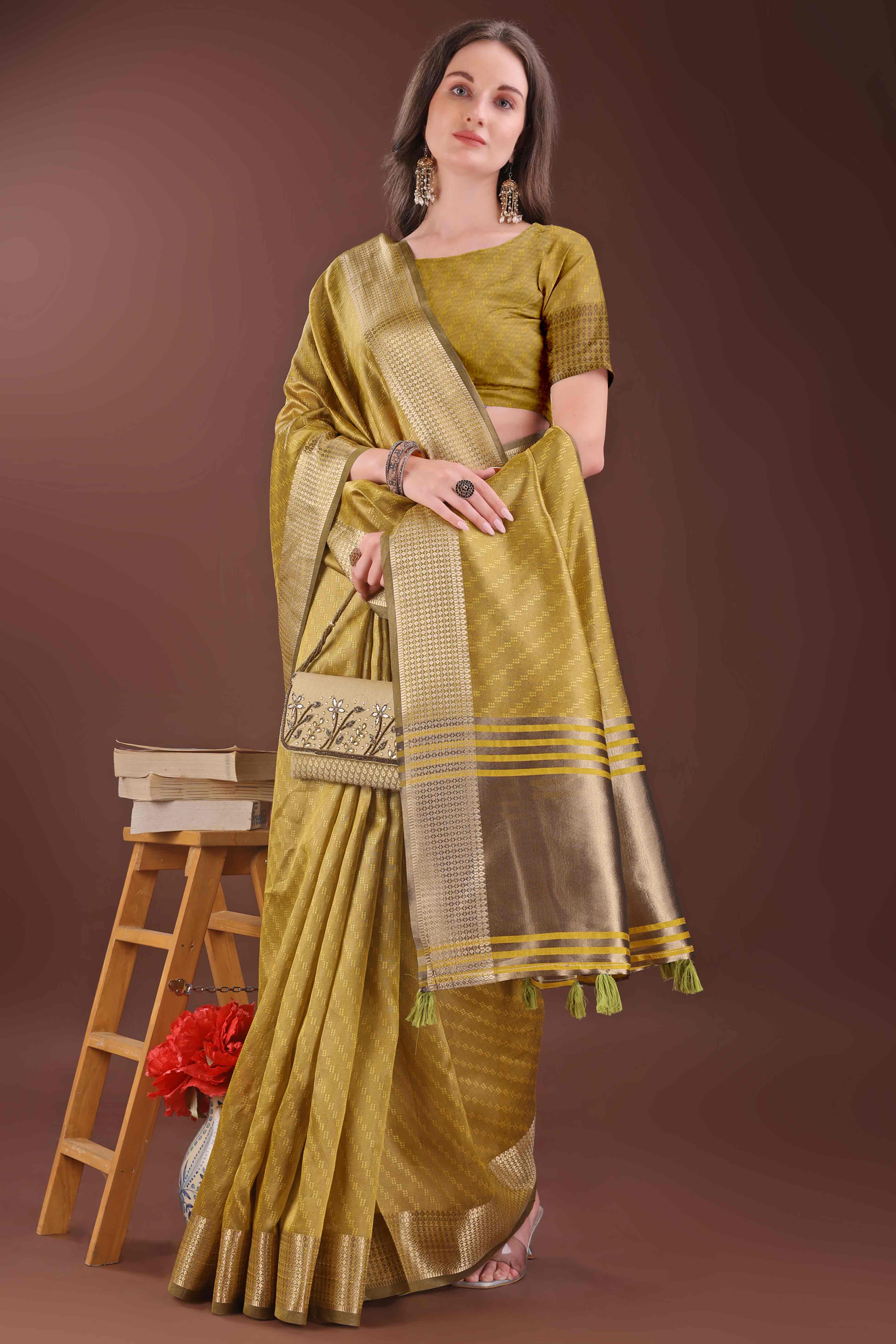 Mustard Zari Weaving Organza Saree With Tassel Border
