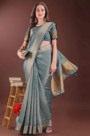Peacock Blue Zari Weaving Organza Saree With Tassel Border