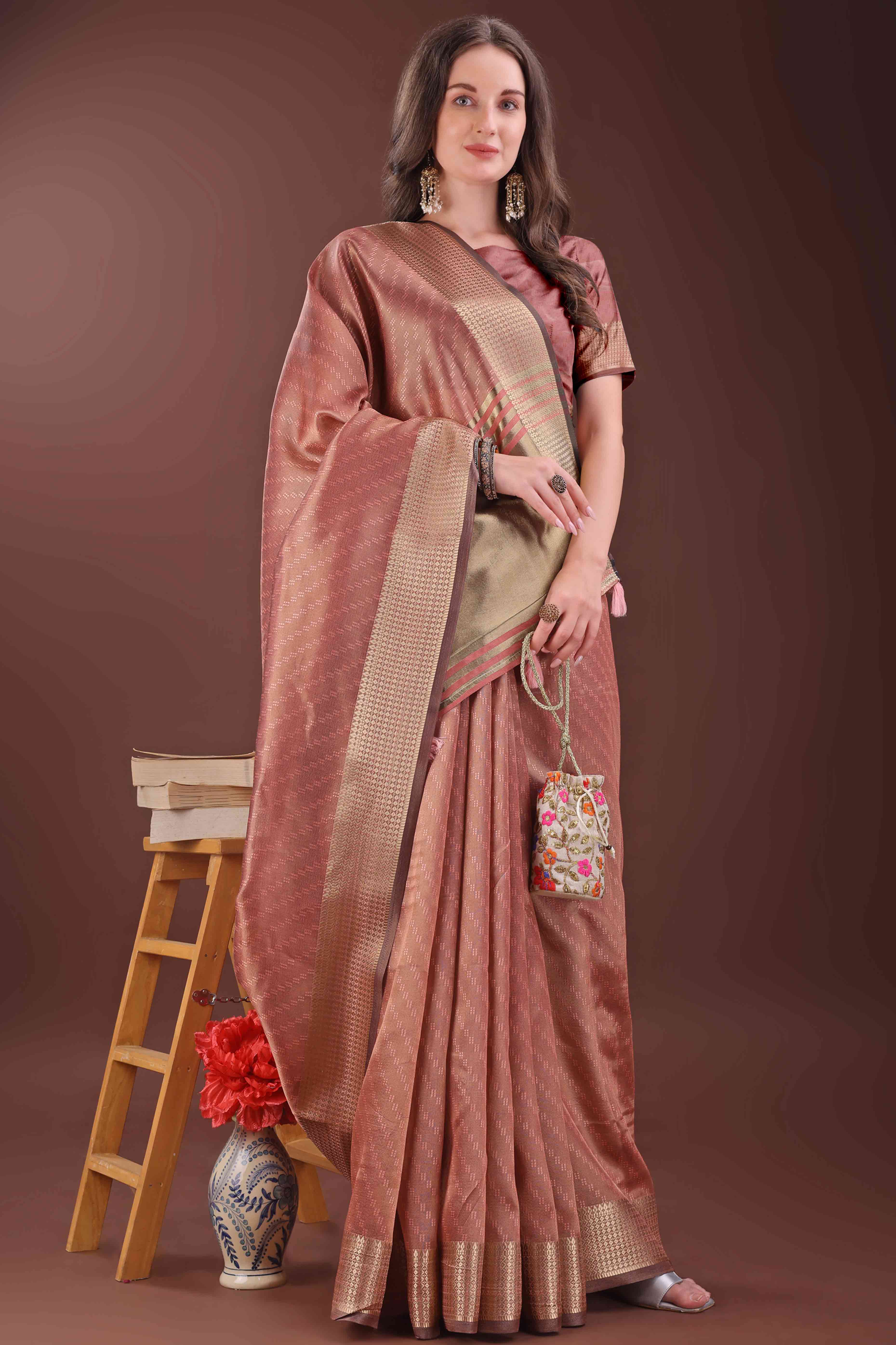 Dark Dusty Peach Zari Weaving Organza Saree With Tassel Border