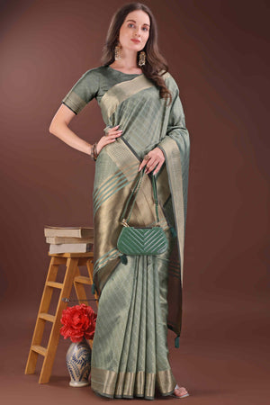 Green Zari Weaving Organza Saree With Tassel Border