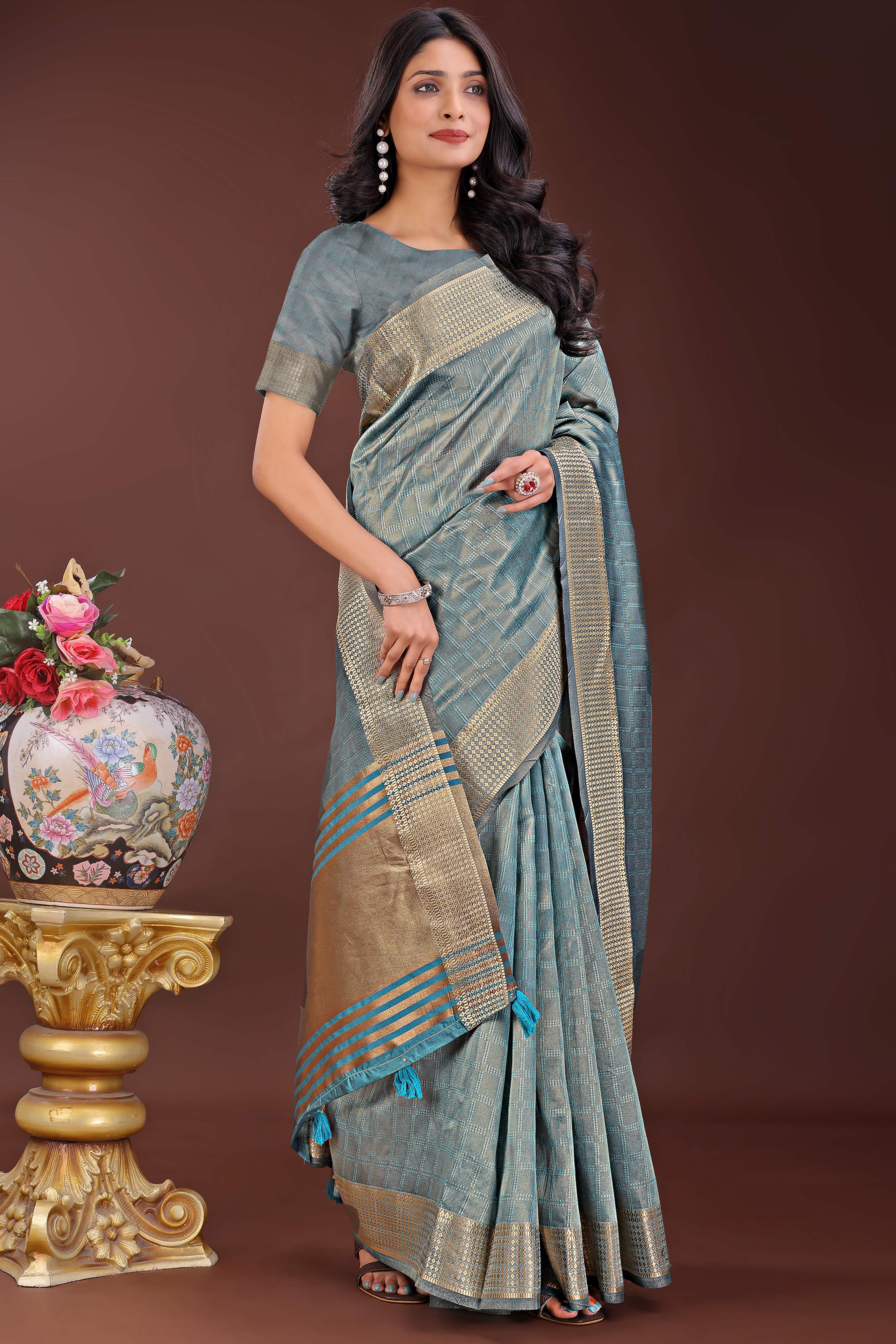 Blue Organza Saree With Intricate Zari Woven Checks & Tassel Border