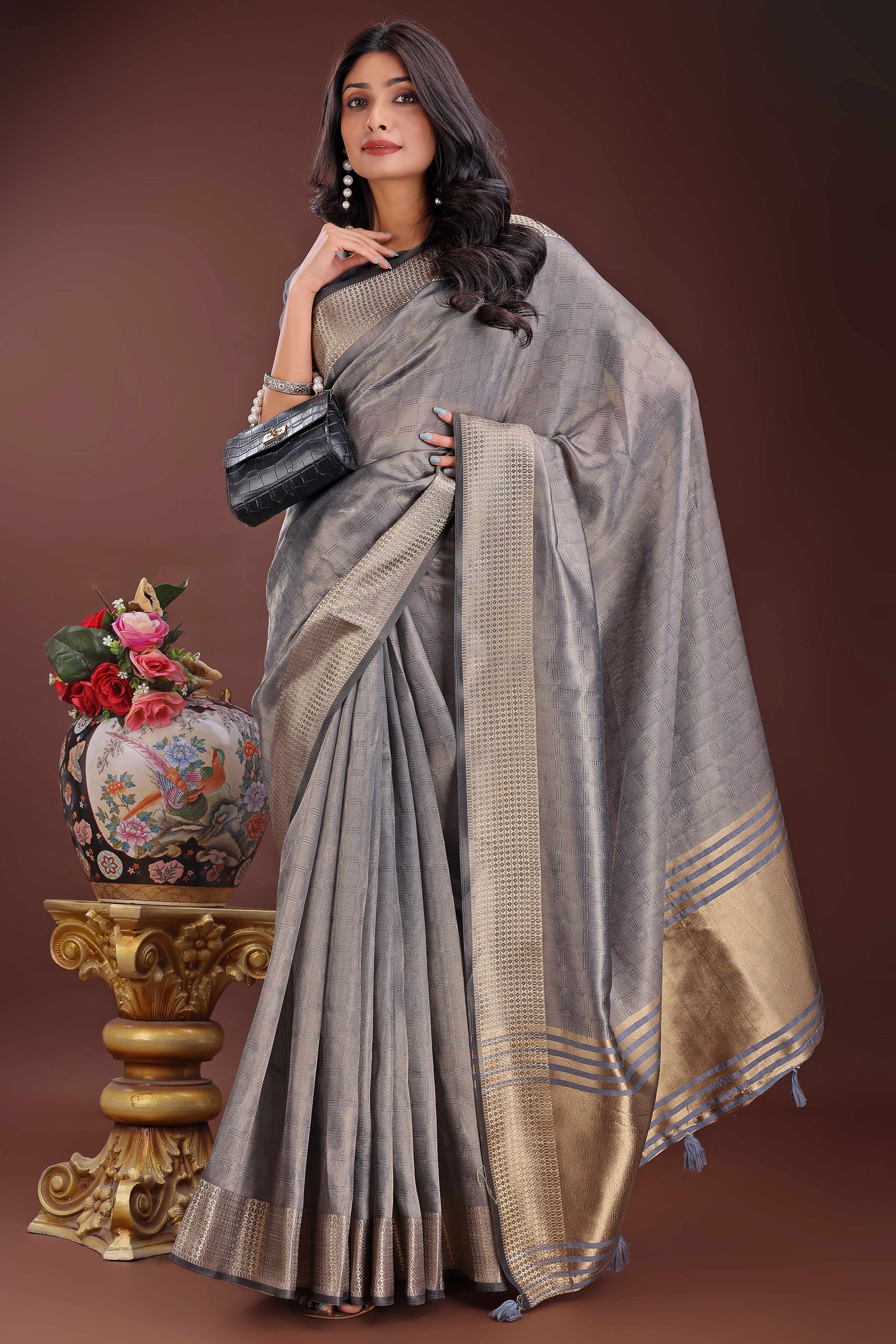 Grey Organza Saree With Intricate Zari Woven Checks & Tassel Border