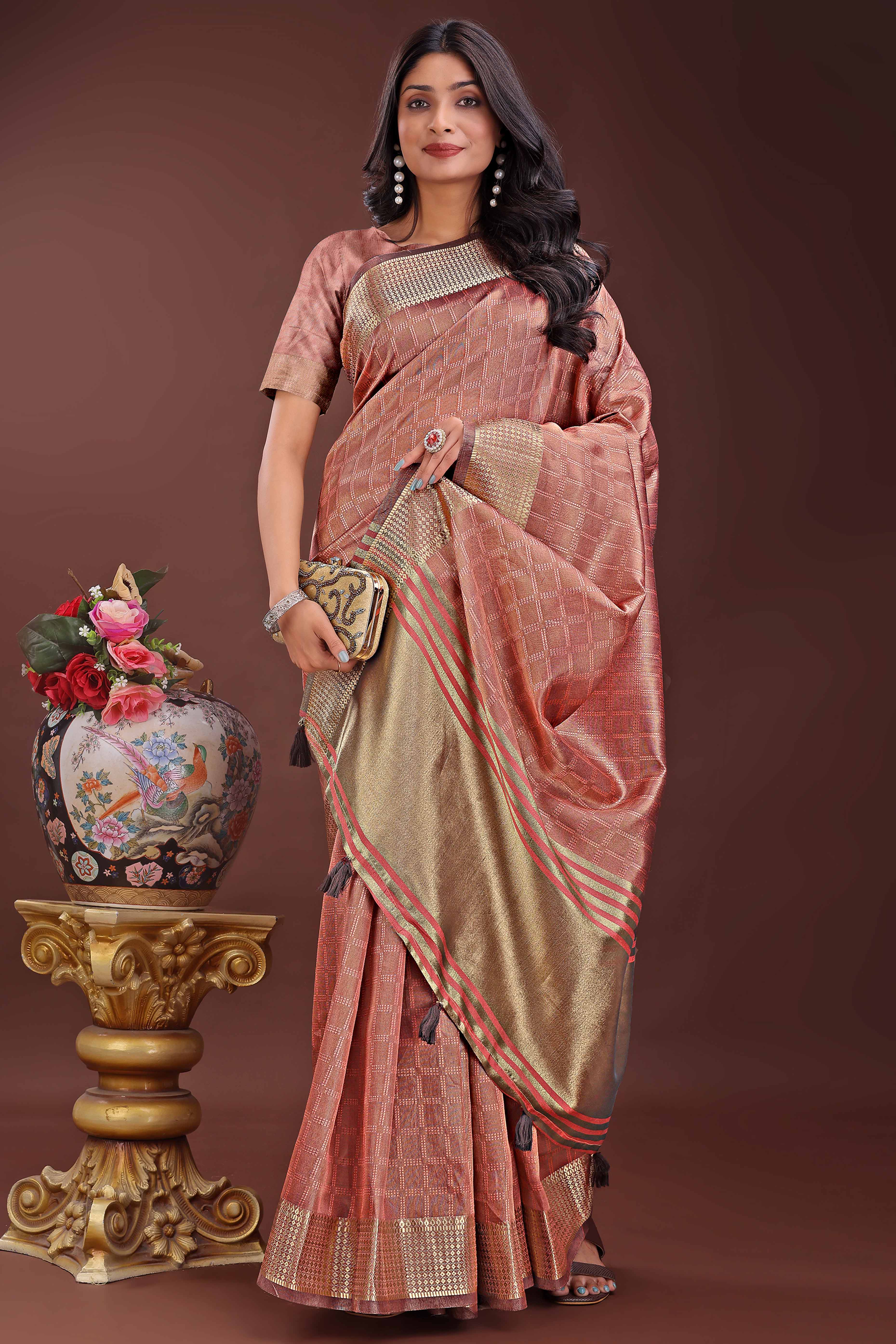 Peach Organza Saree With Intricate Zari Woven Checks & Tassel Border