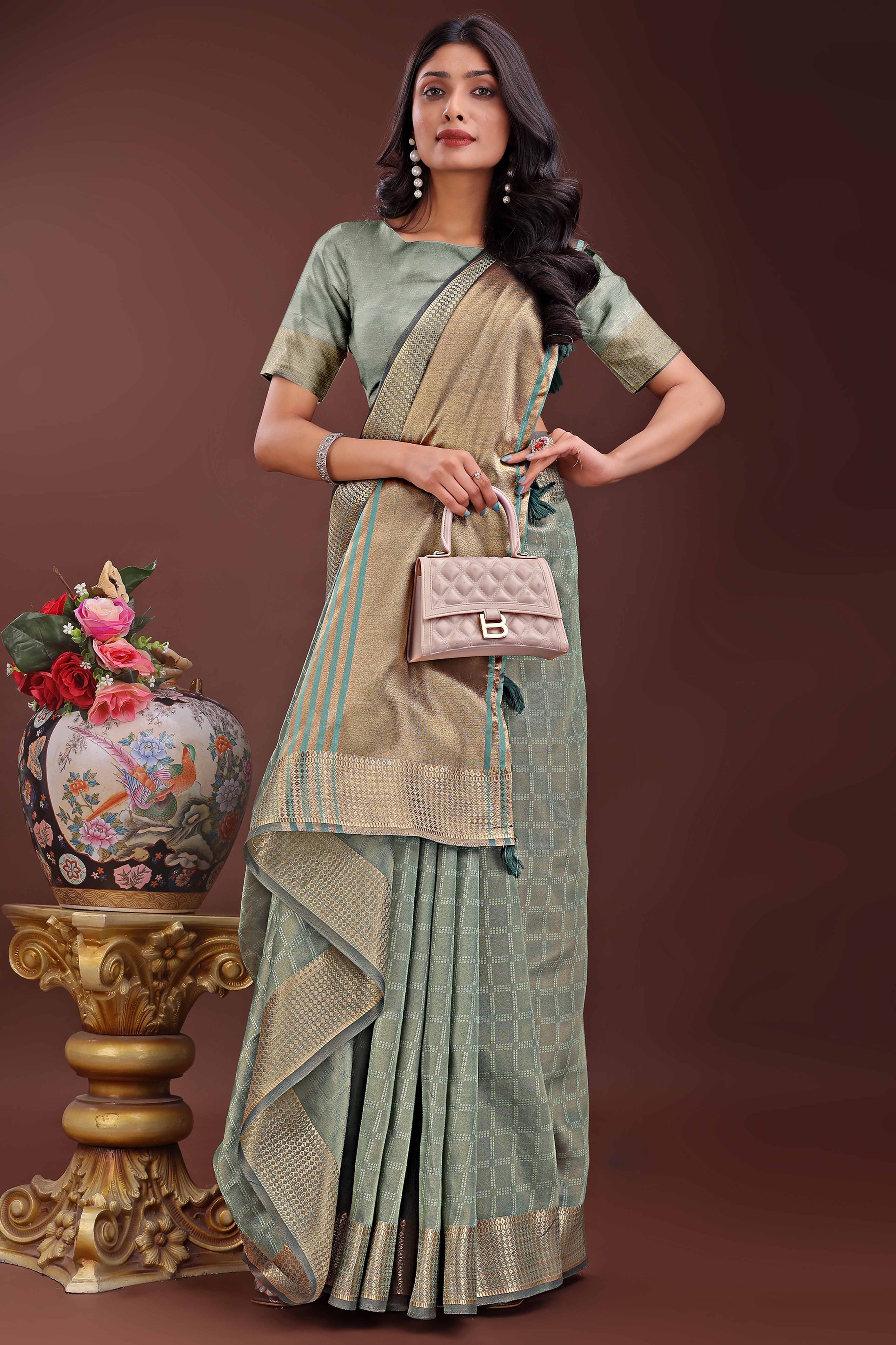 Green Organza Saree With Intricate Zari Woven Checks & Tassel Border