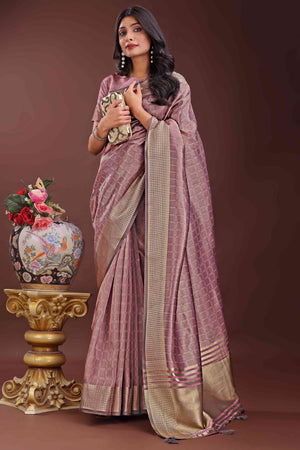 Mauve Organza Saree With Intricate Zari Woven Checks & Tassel Border