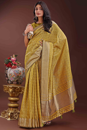 Mustard Organza Saree With Intricate Zari Woven Checks & Tassel Border