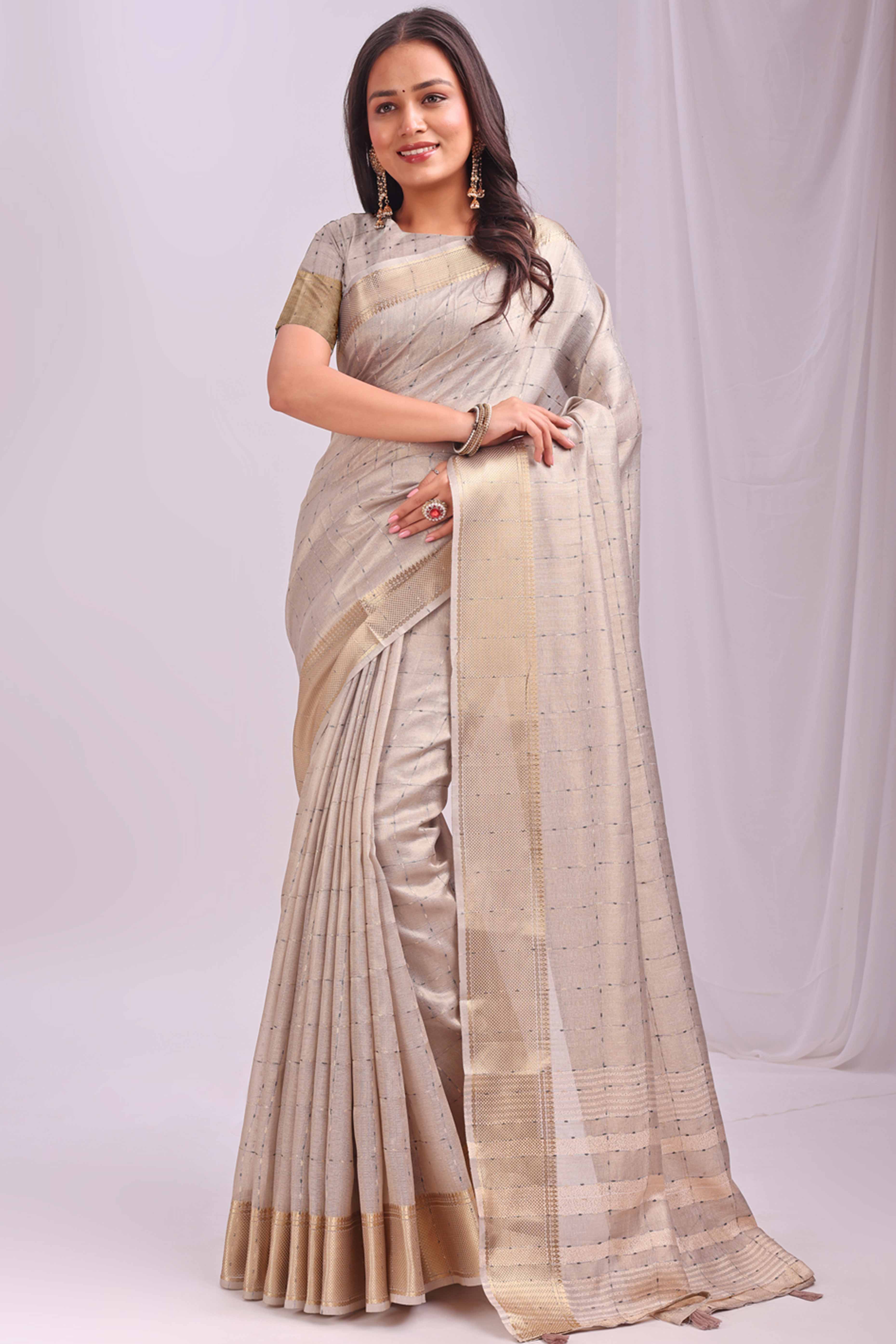 Cream Lightweight Organza Saree with Rich Zari Checks Pattern