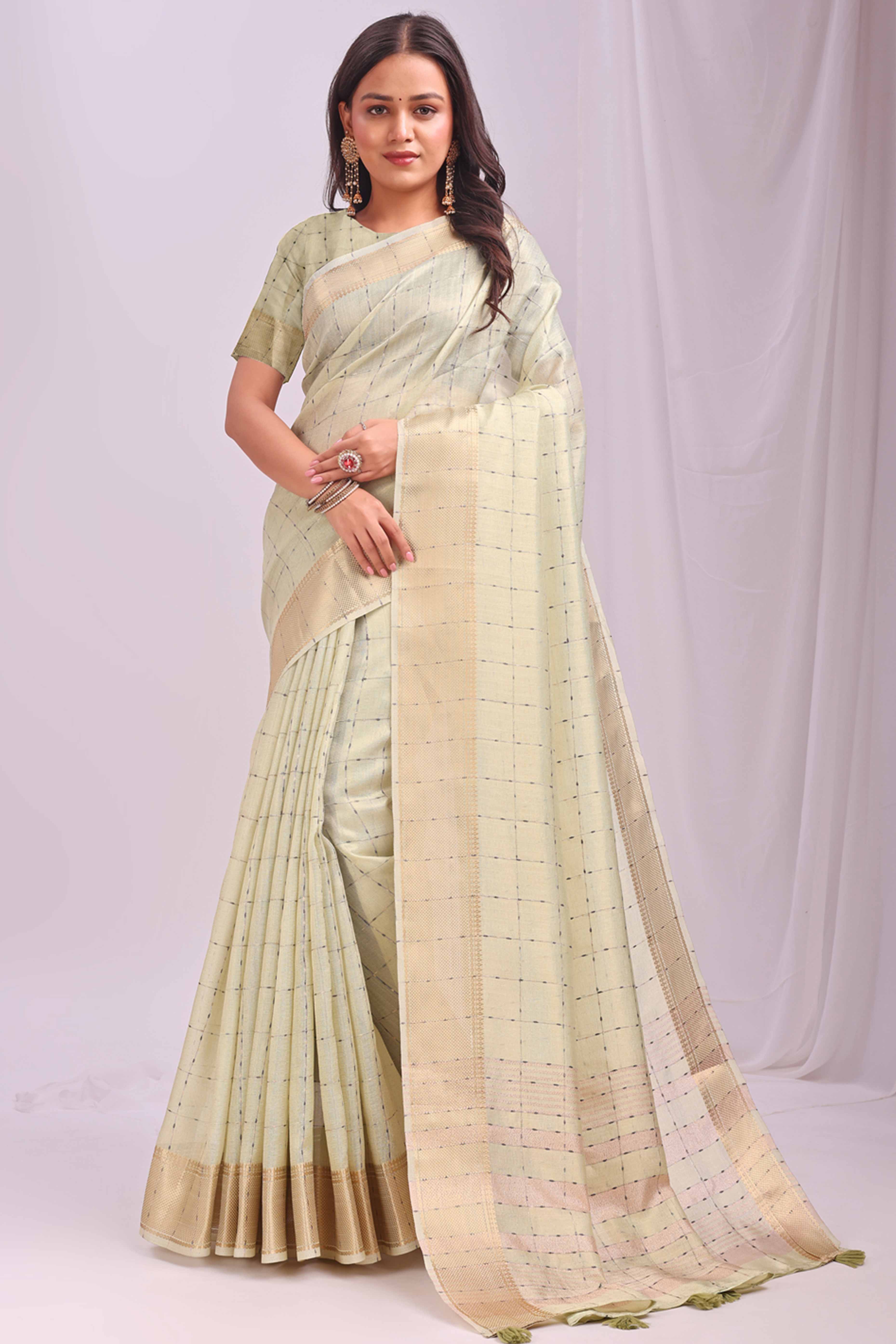Light Green Lightweight Organza Saree with Rich Zari Checks Pattern