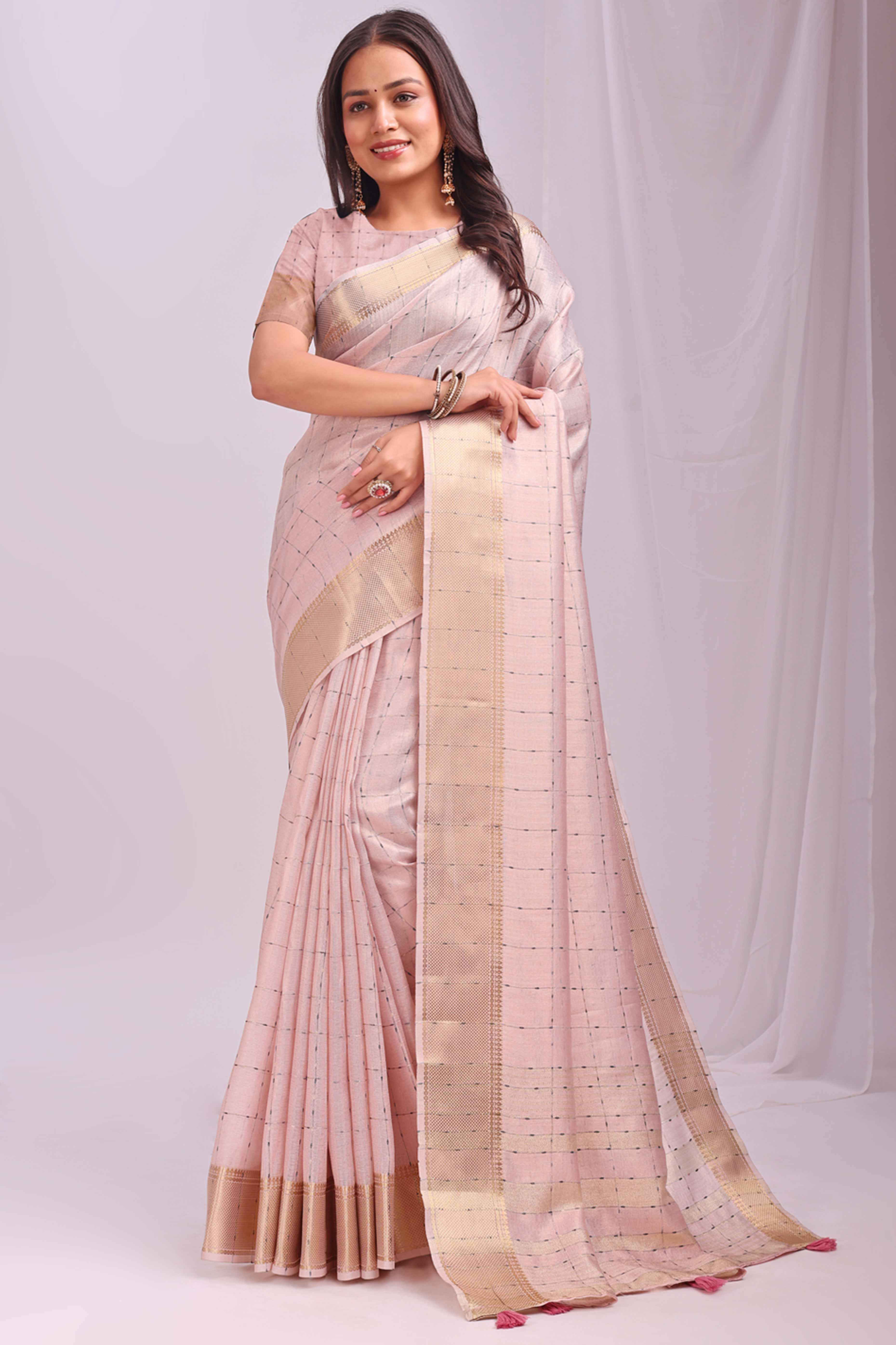 Peach Lightweight Organza Saree with Rich Zari Checks Pattern
