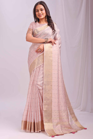 Peach Lightweight Organza Saree with Rich Zari Checks Pattern