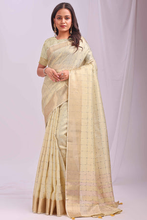 Gold Lightweight Organza Saree with Rich Zari Checks Pattern