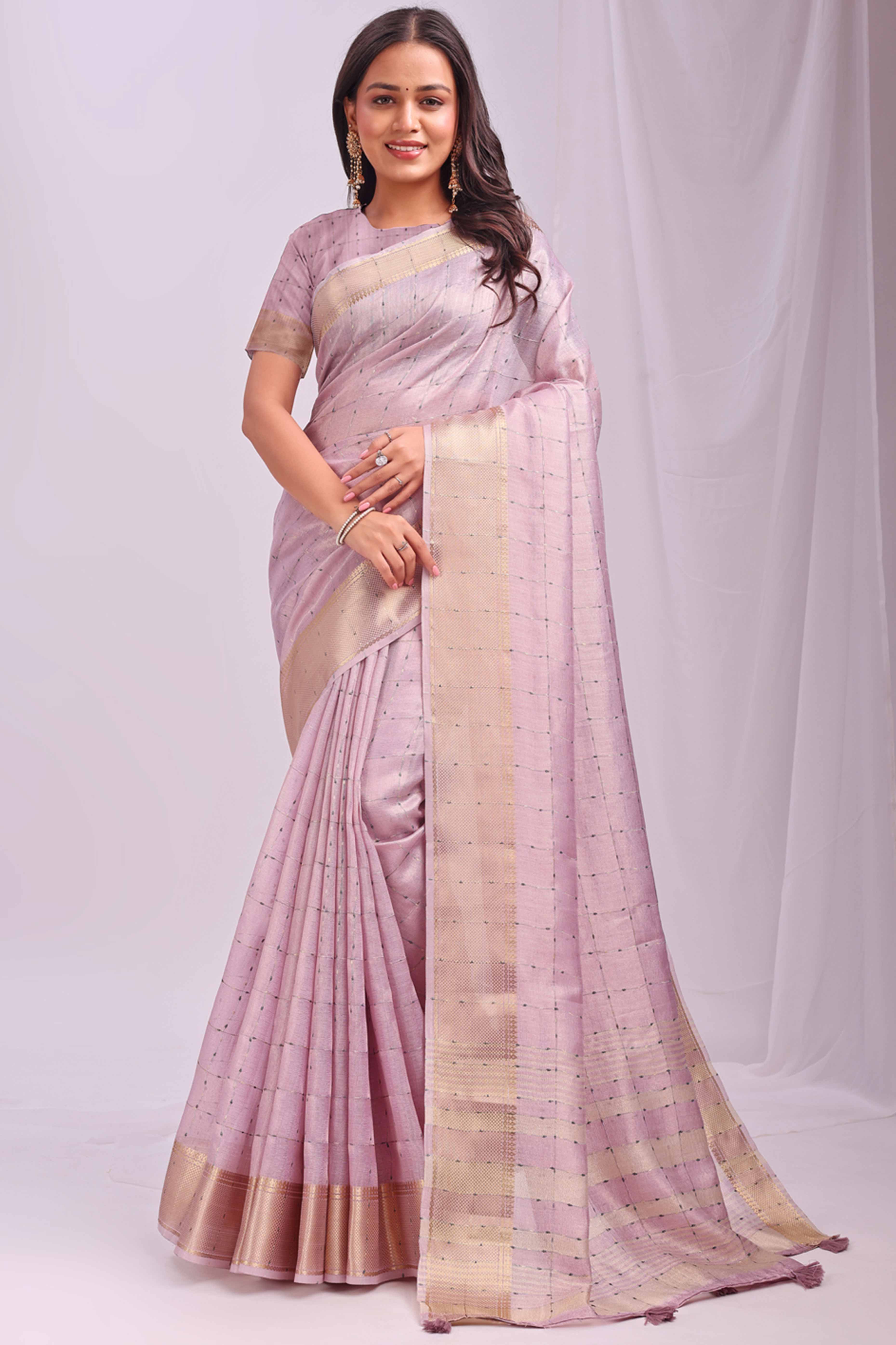 Light Pink Lightweight Organza Saree with Rich Zari Checks Pattern