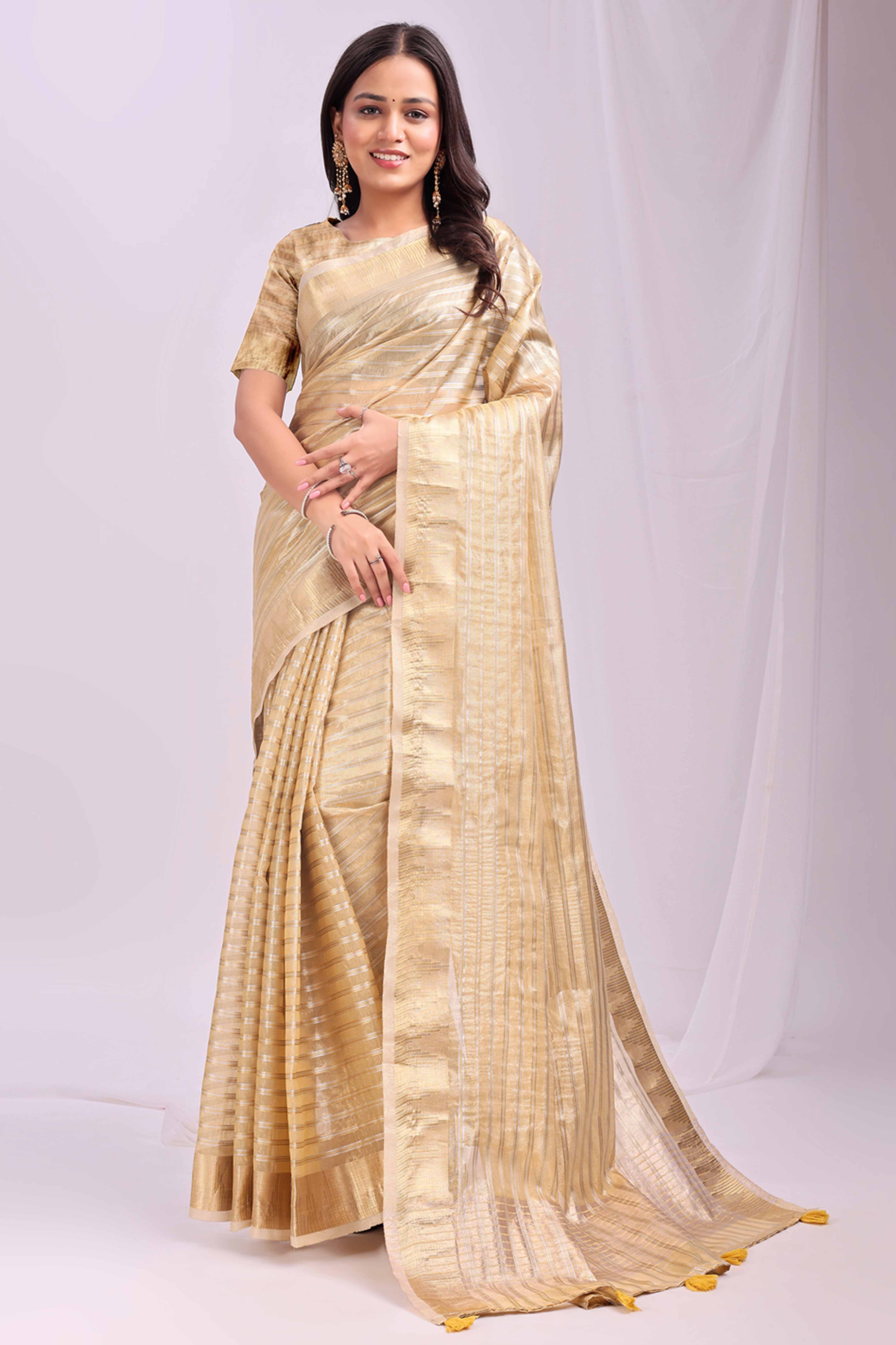 Gold Lightweight Organza Saree with Rich Zari Stripes Pattern