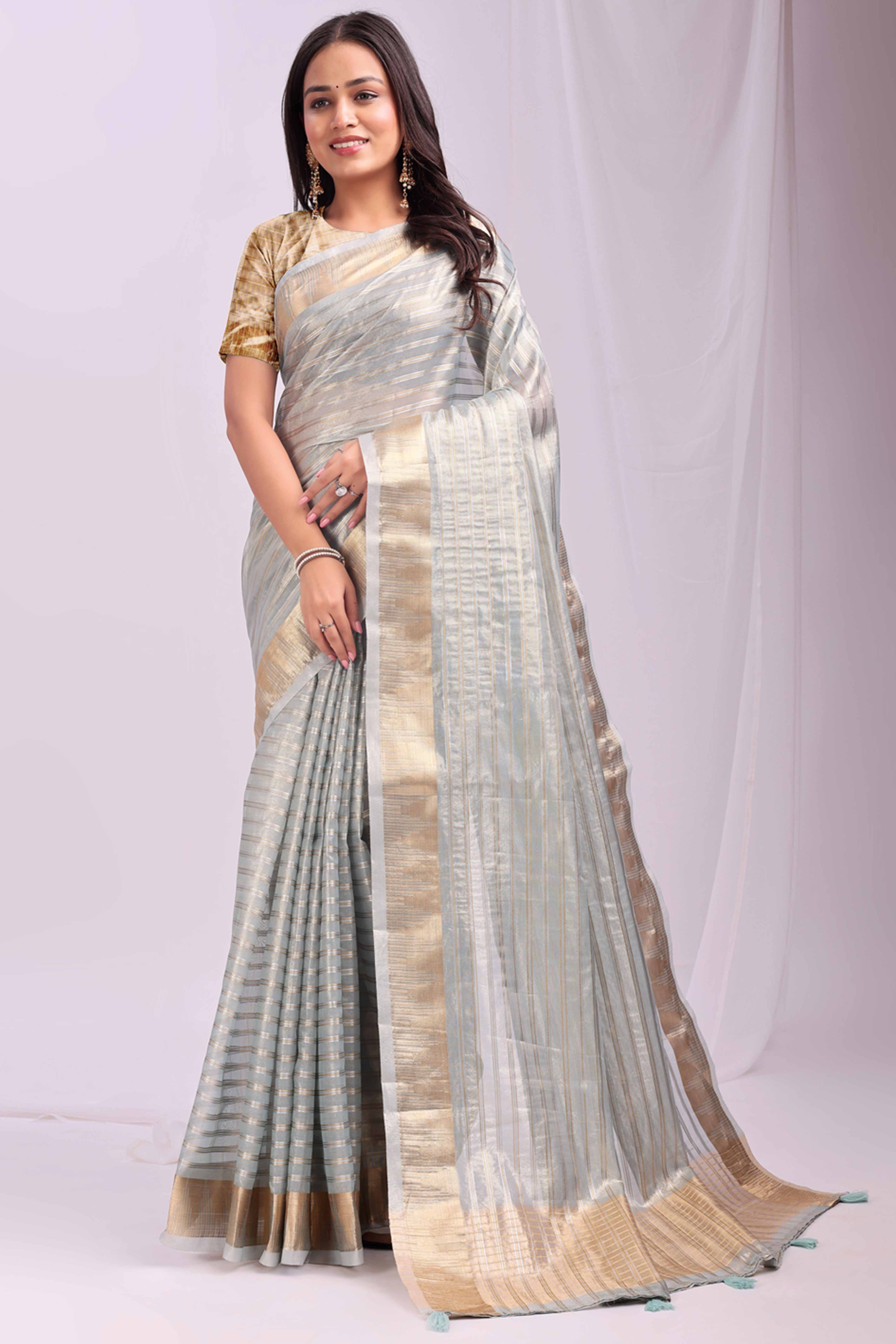 Sky Blue Lightweight Organza Saree with Rich Zari Stripes Pattern