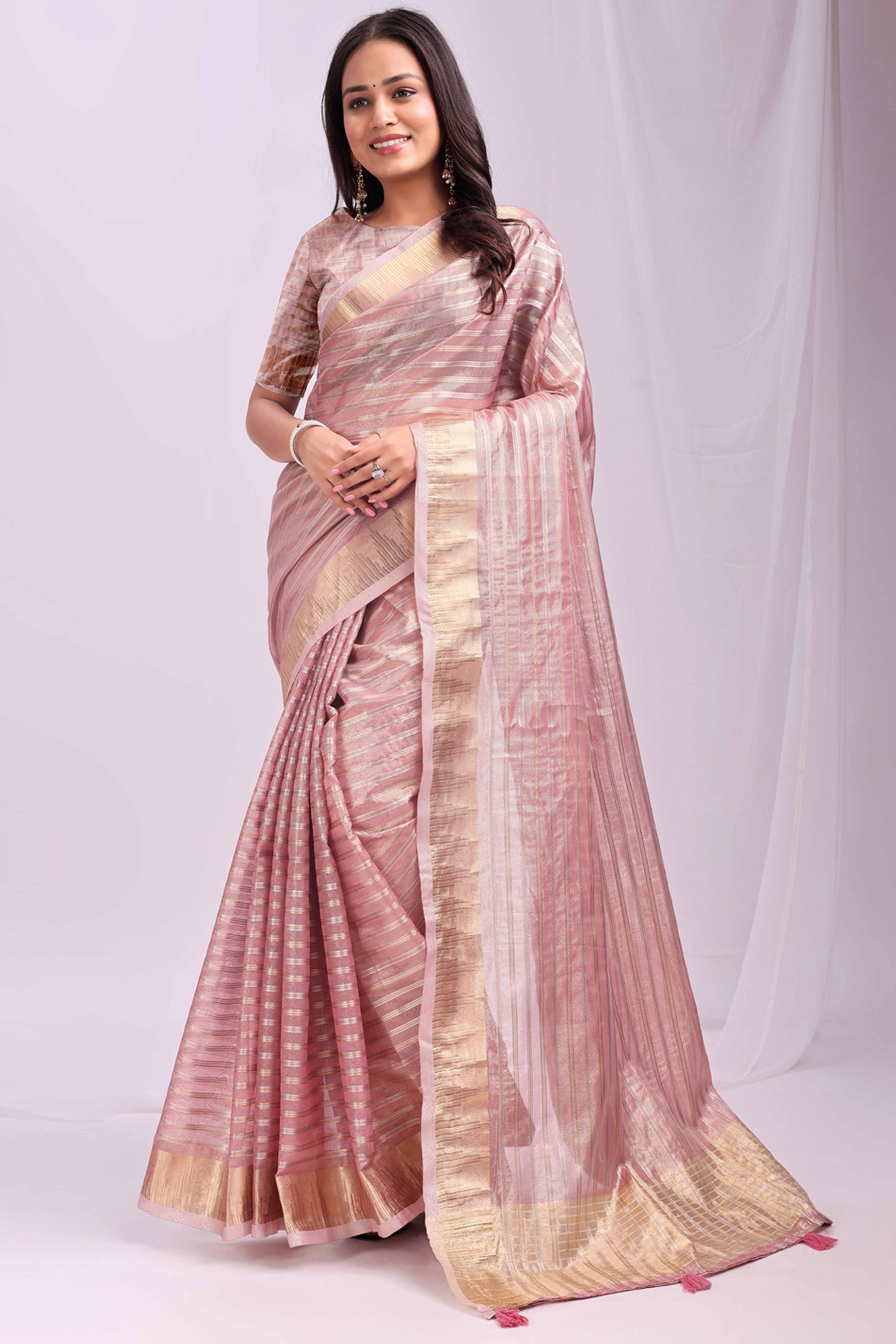 Pink Lightweight Organza Saree with Rich Zari Stripes Pattern