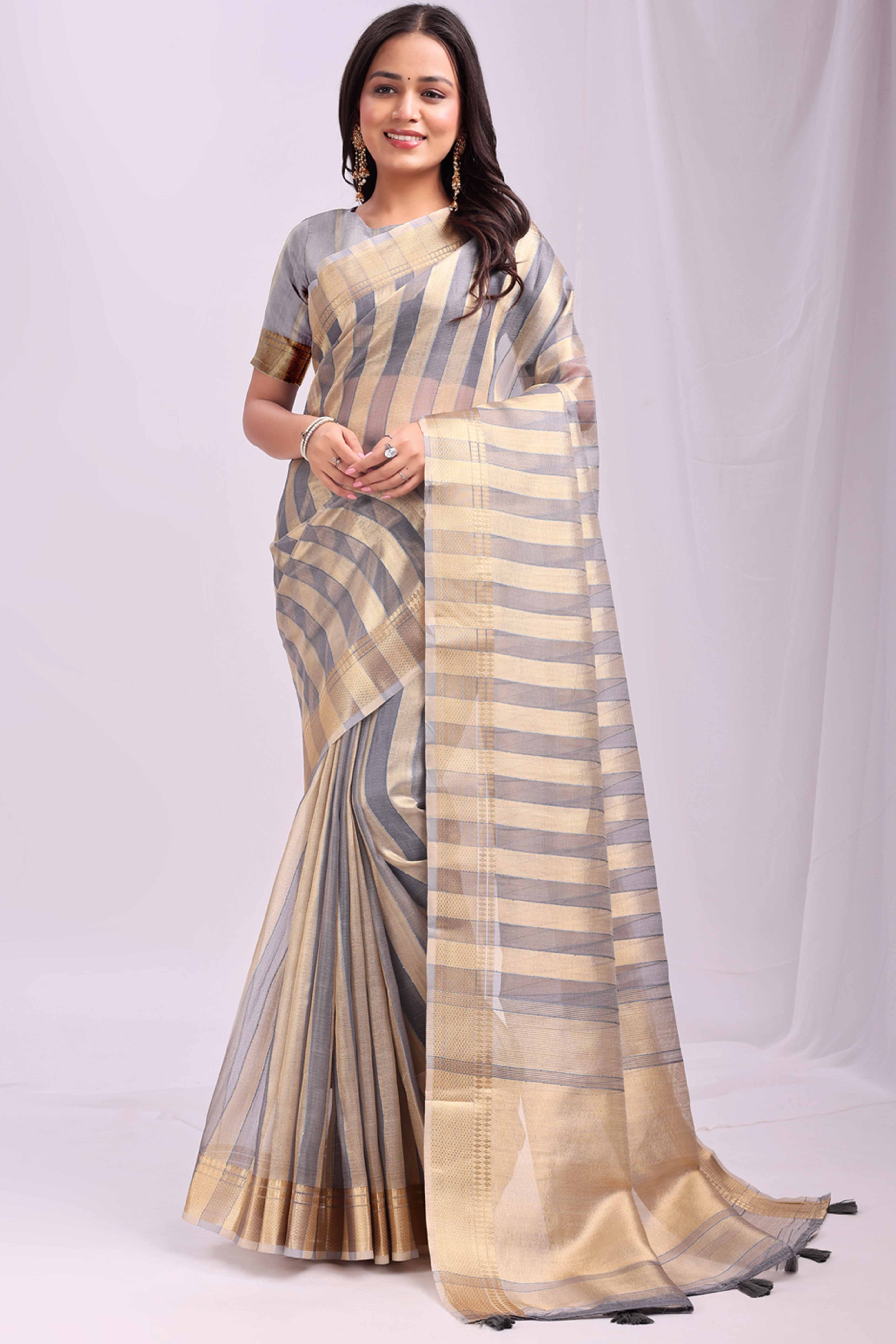 Grey Lightweight Organza Saree with Rich Zari Stripes Pattern