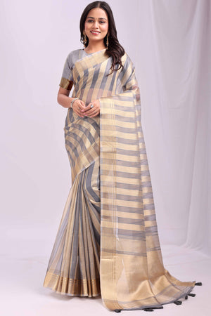 Grey Lightweight Organza Saree with Rich Zari Stripes Pattern