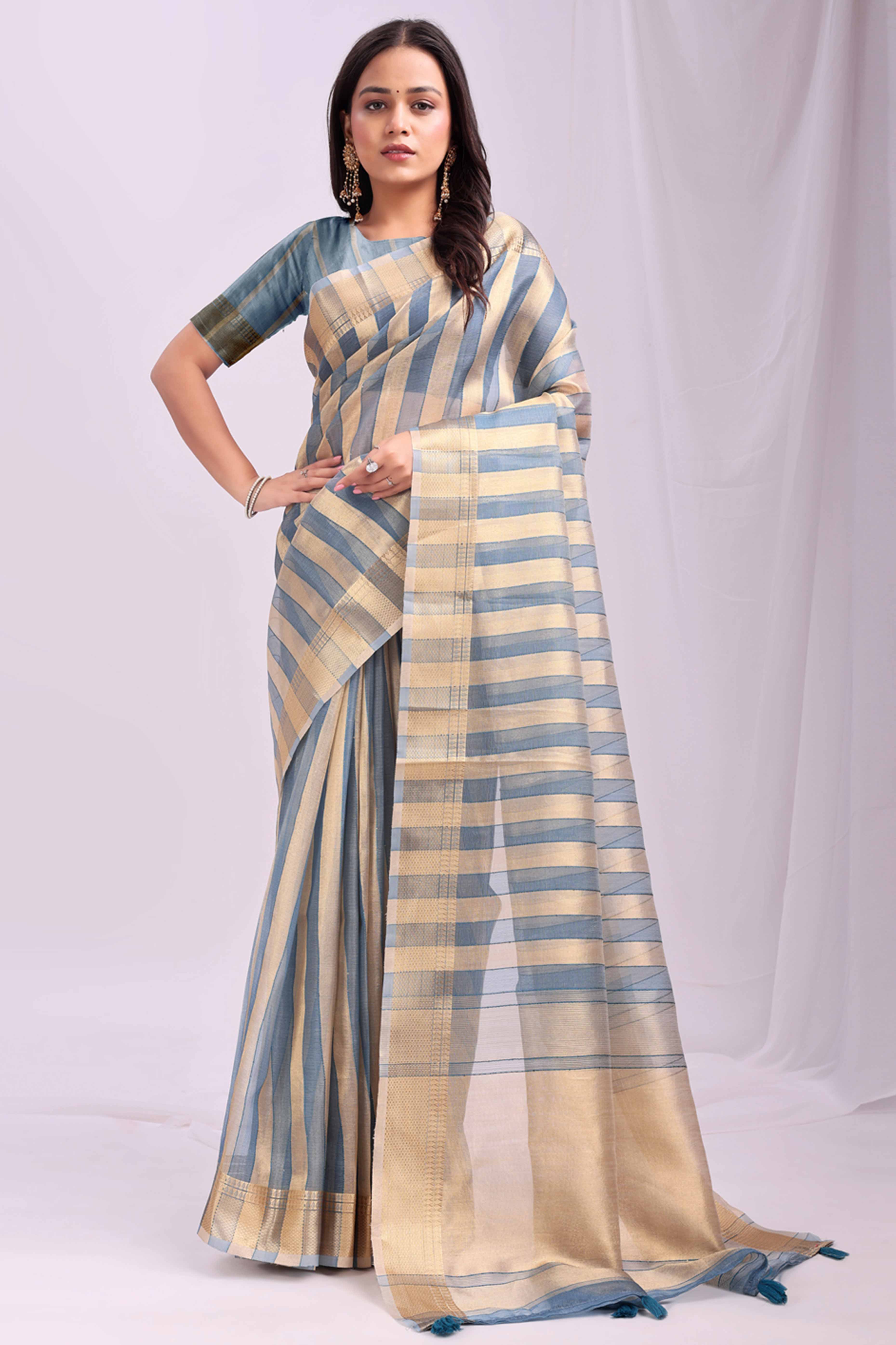 Sky Blue Lightweight Organza Saree with Rich Zari Stripes Pattern